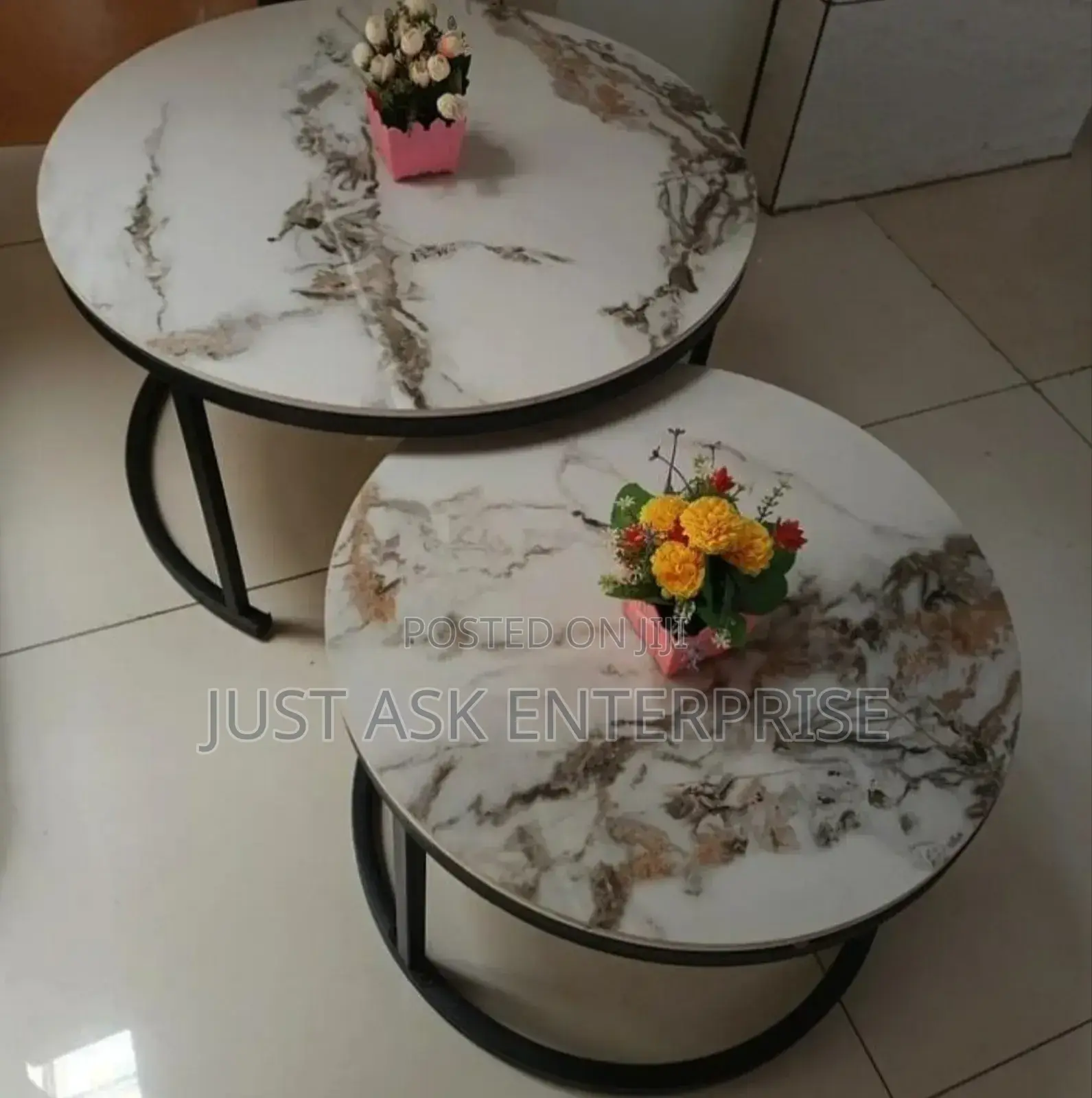 Big Modern Luxury Pure Marble Top Nesting Coffee Tables - Black Stand