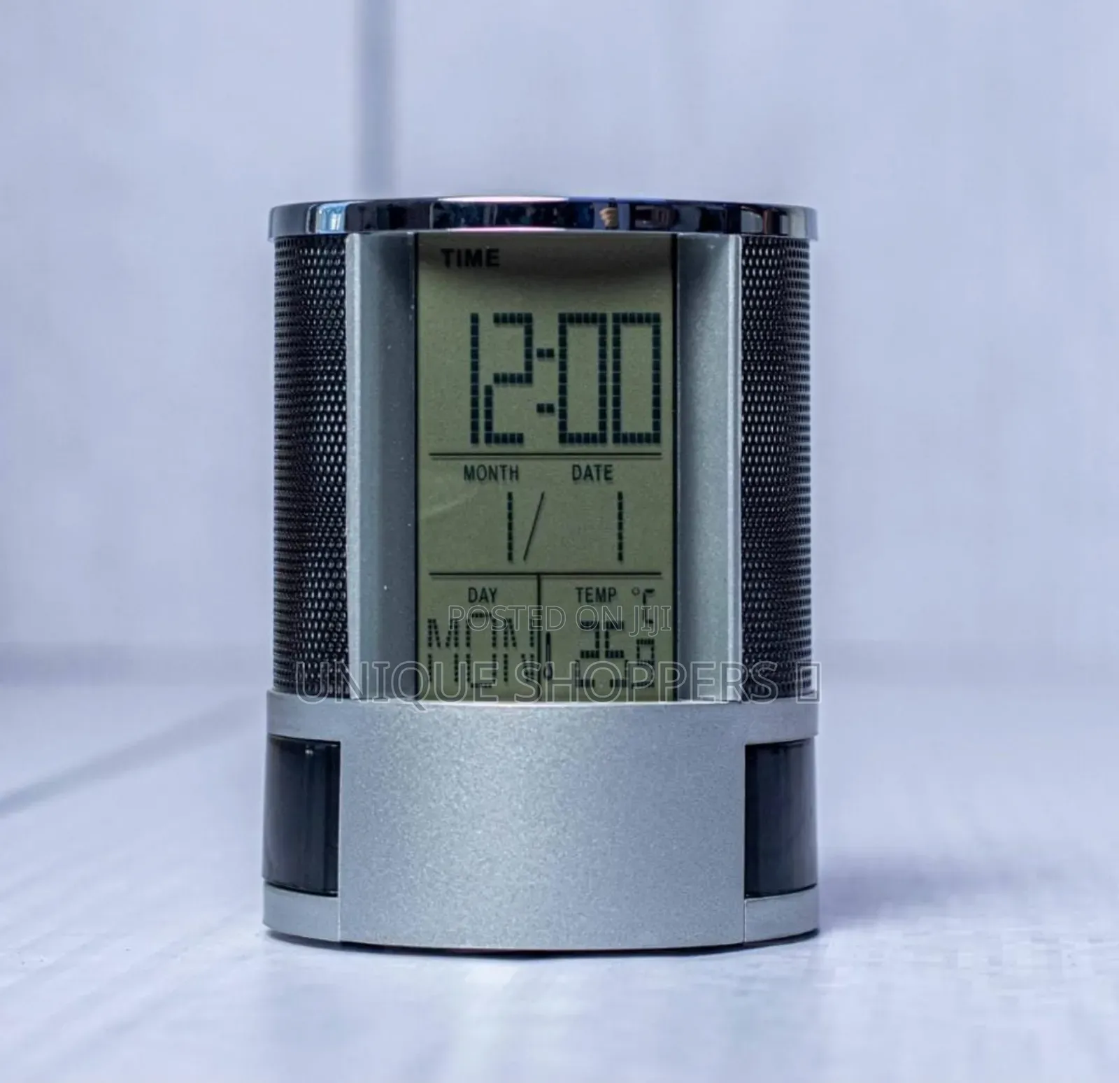 Mettalic Mesh Pen Holder With A Digital Clock