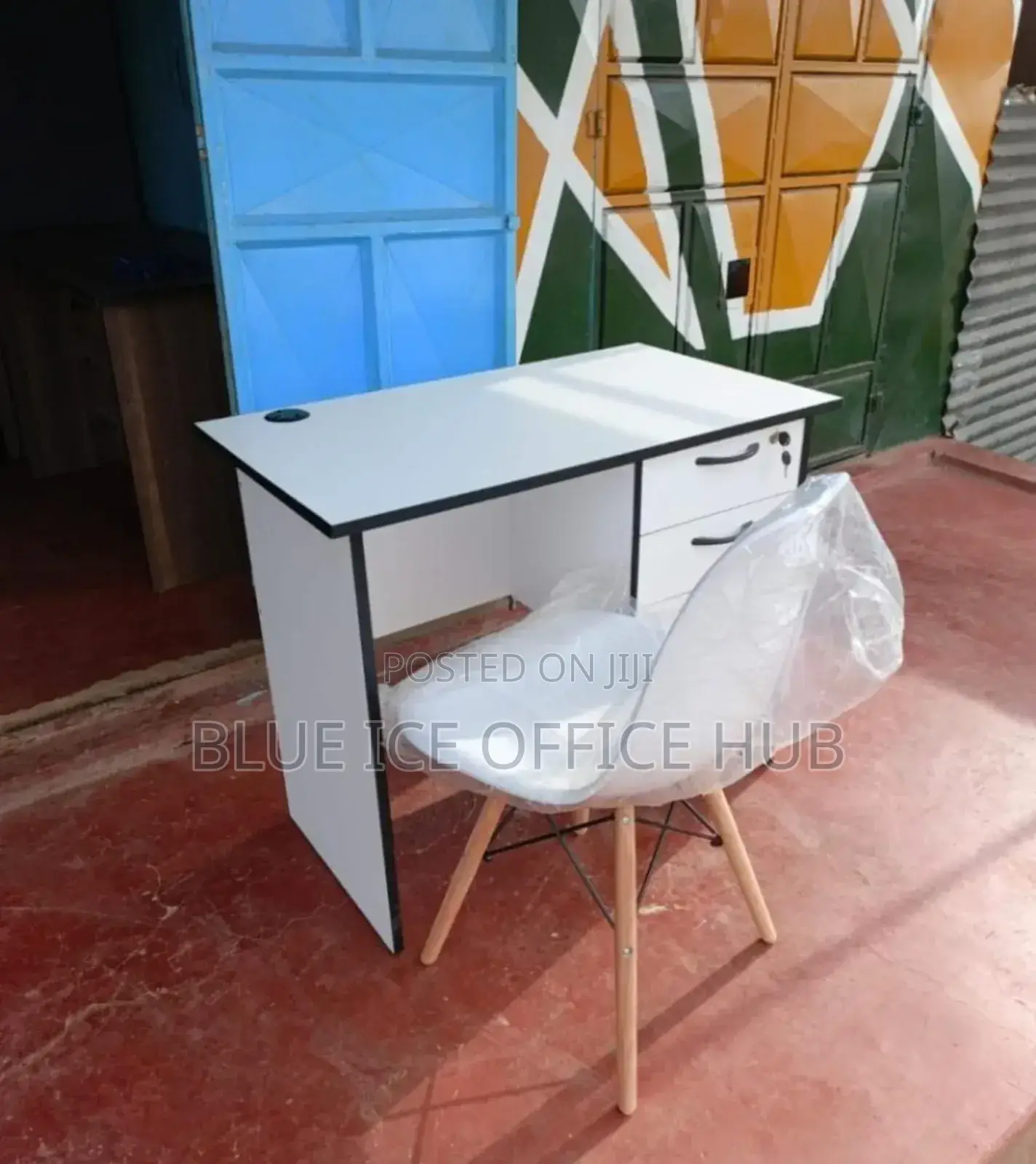 Modern White Office Desk With White Plastic Eames Chair Combined Set