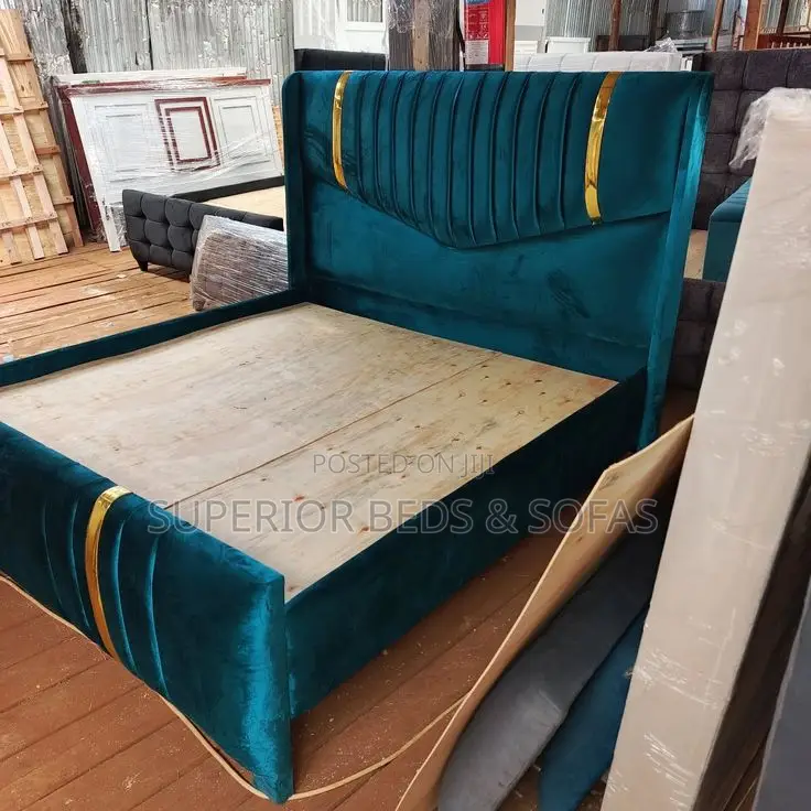 5x6 Teal Upholstered Bed With Gold Stripes