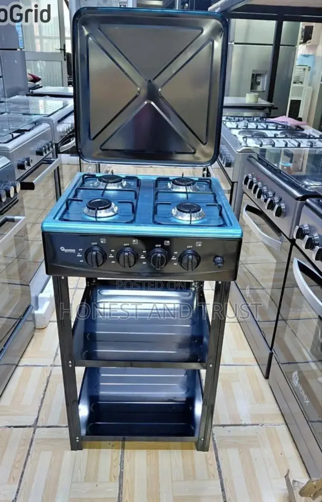 Black Metallic Stand 4 Gass Burner Cooker With Shelves