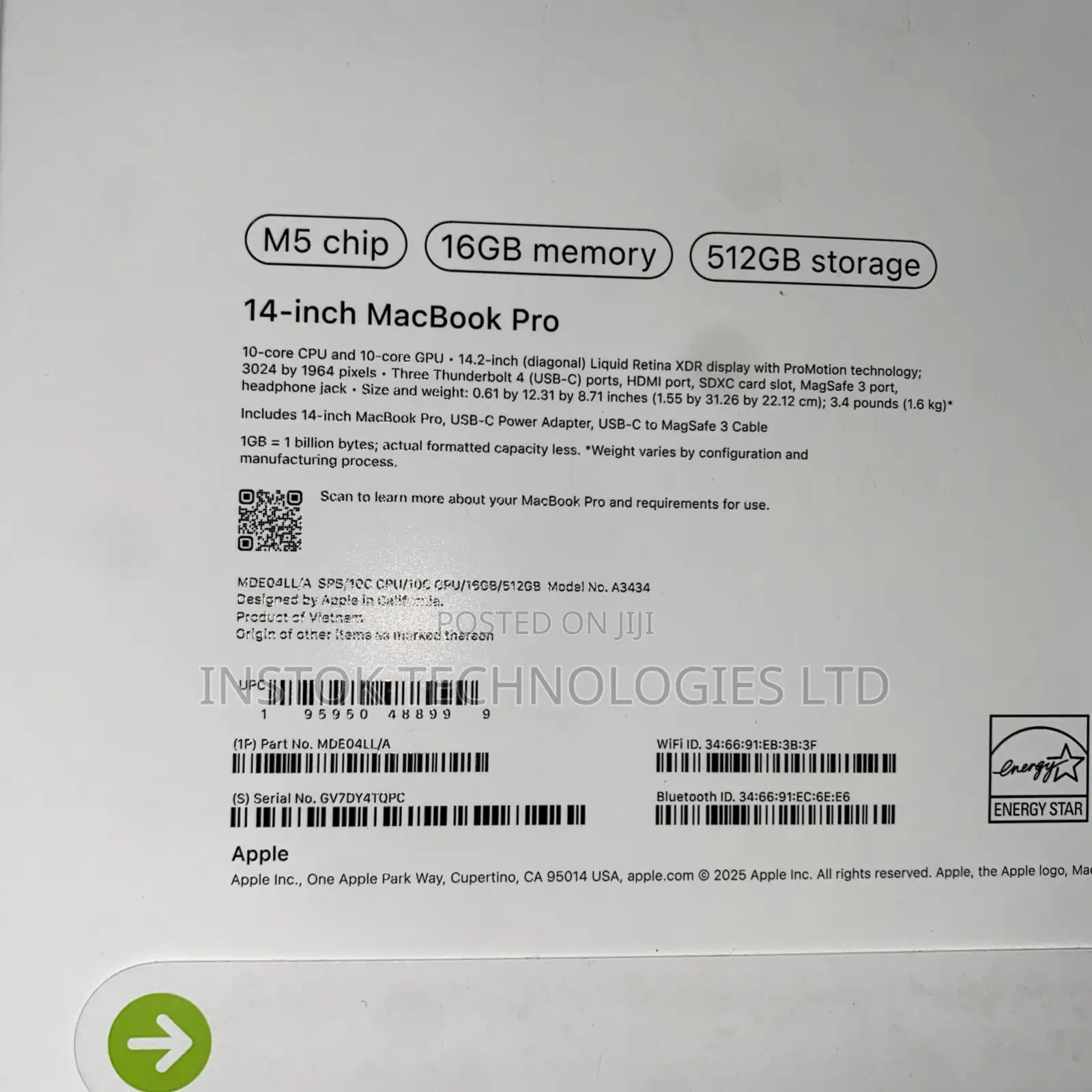 New Laptop Apple MacBook Pro 16GB Apple M5 SSD 512GB