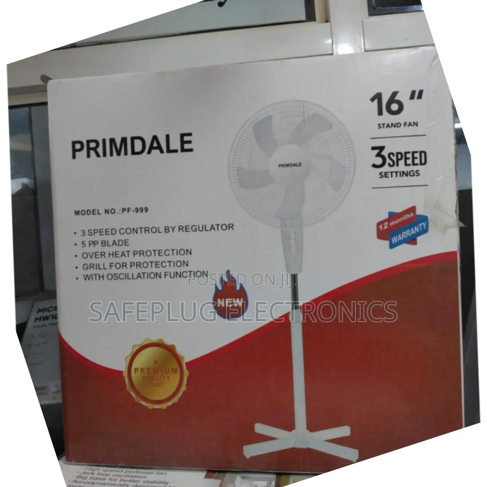 Primdale 16" Standing Fan - Black/White | 3-Speed | Silent Cooling