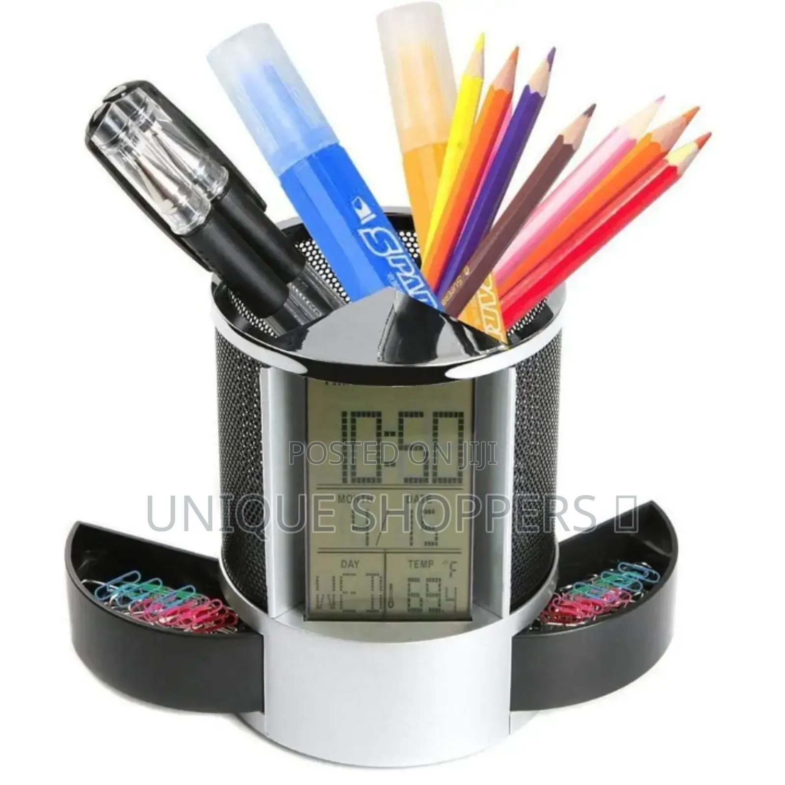 Mettalic Mesh Pen Holder With A Digital Clock
