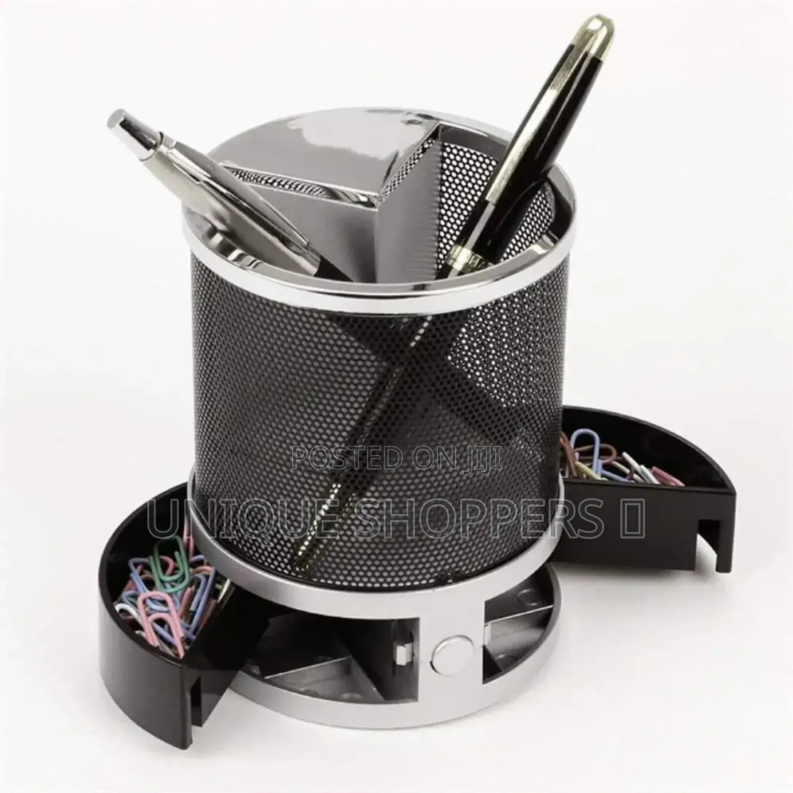 Mettalic Mesh Pen Holder With A Digital Clock