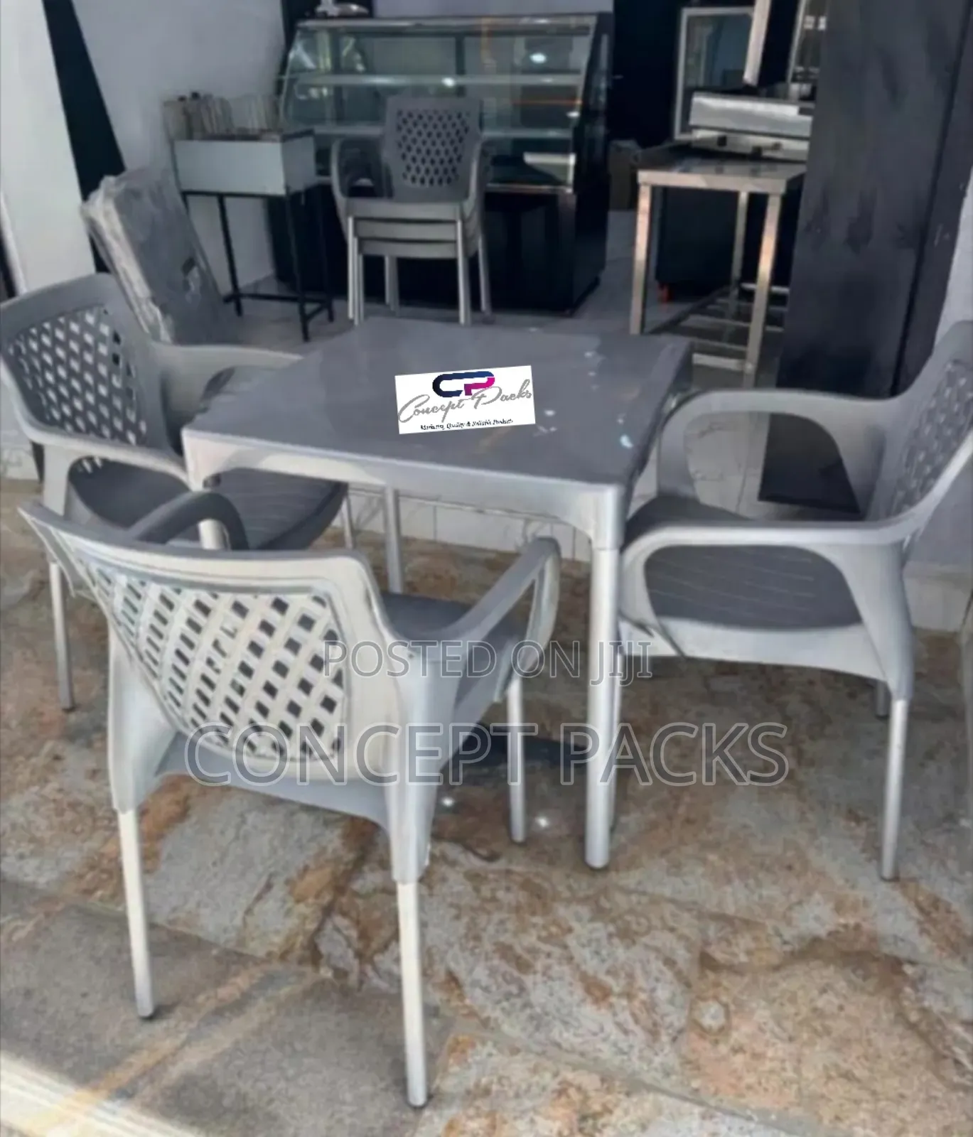 4 Grey Garden / Restaurant Chairs + Square Strong Chairs.