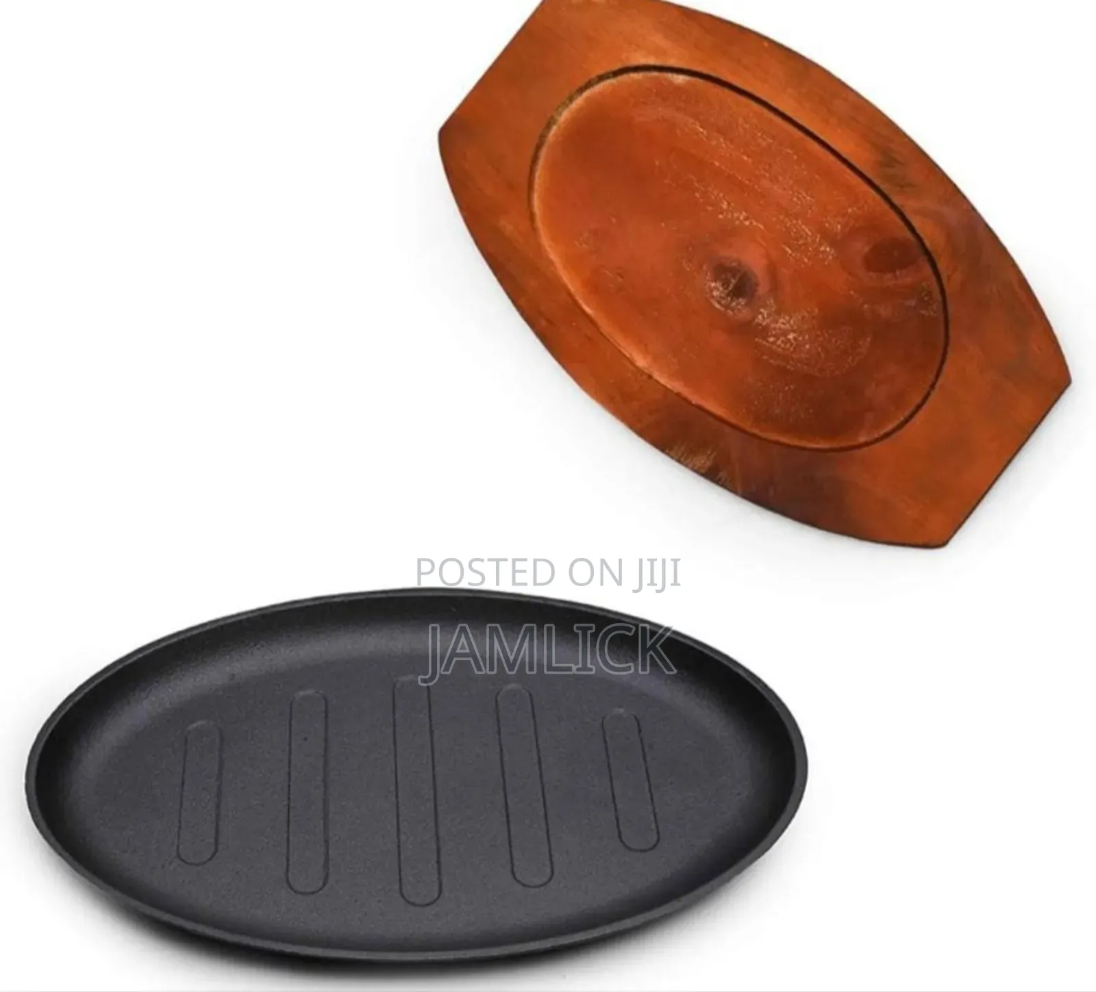 Cast Iron Hot Sizzling Plate on Wooden Tray – Oval Round - Pm