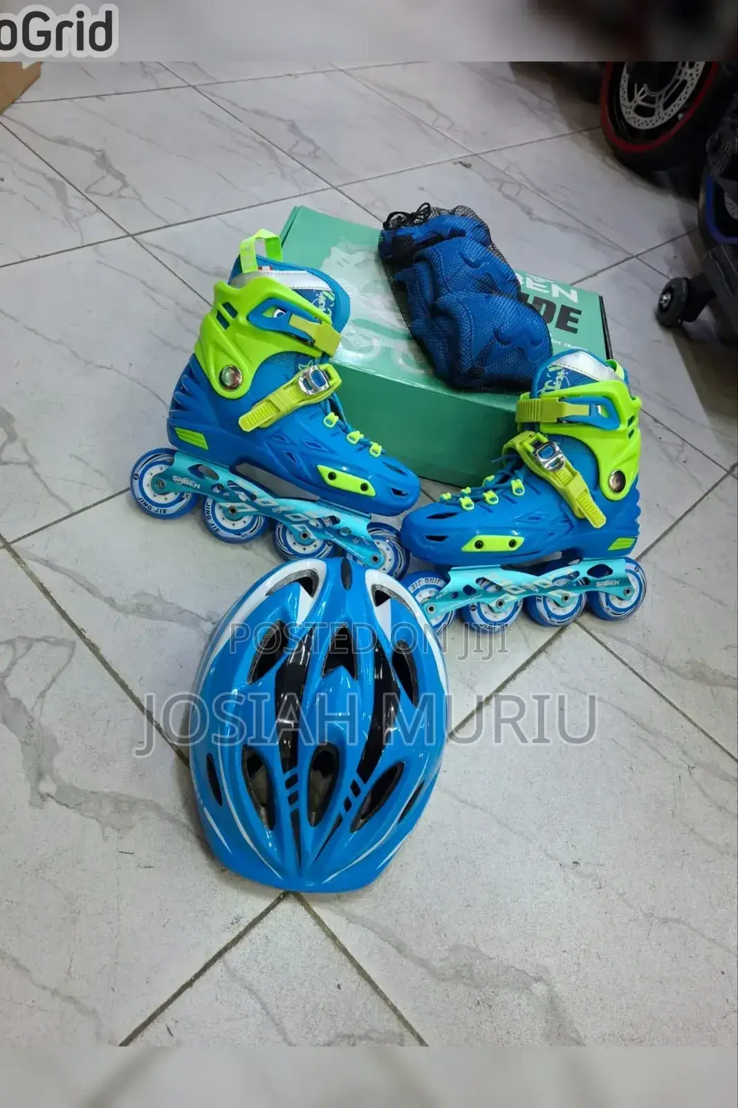 Set of Adjustable Inline Roller Skates With Protective Gear.
