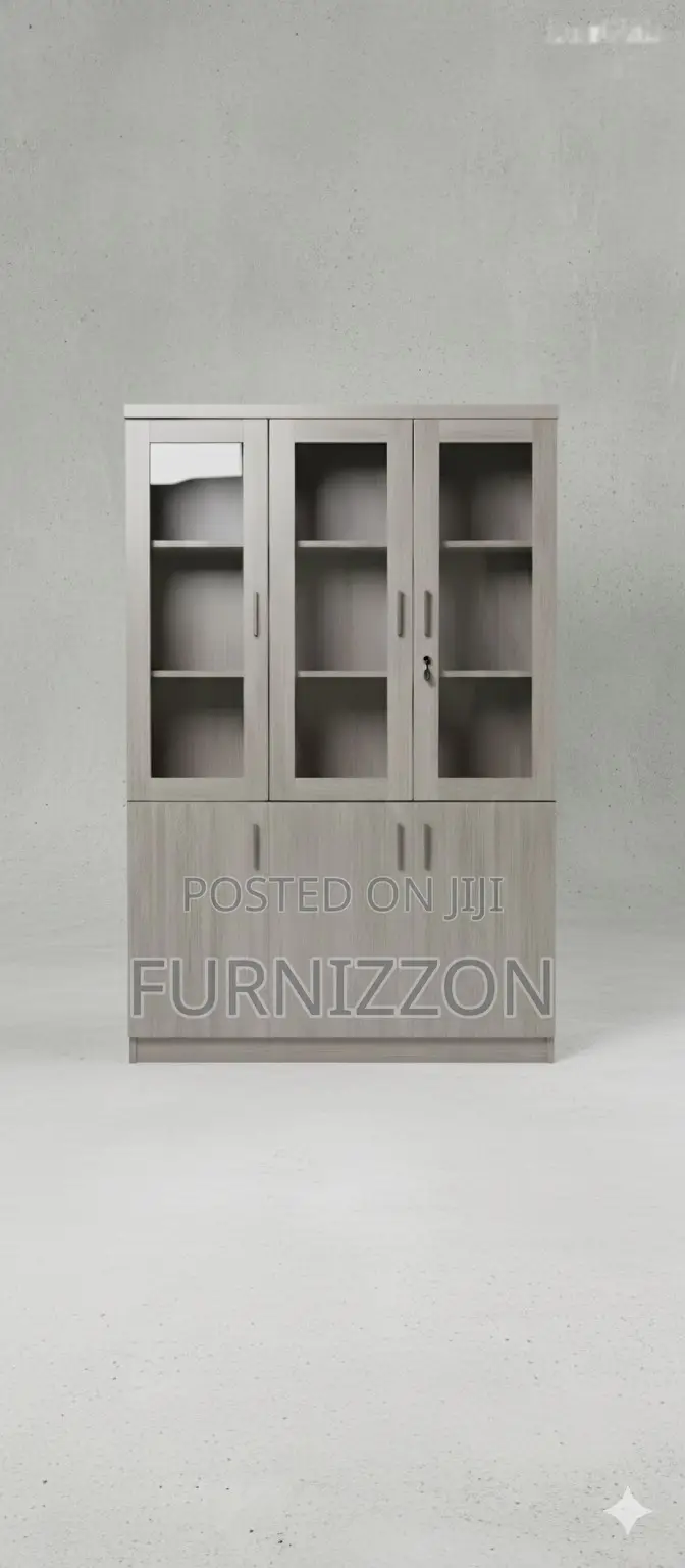 Stylish Wooden Office Cabinet With 3 Glass Columns