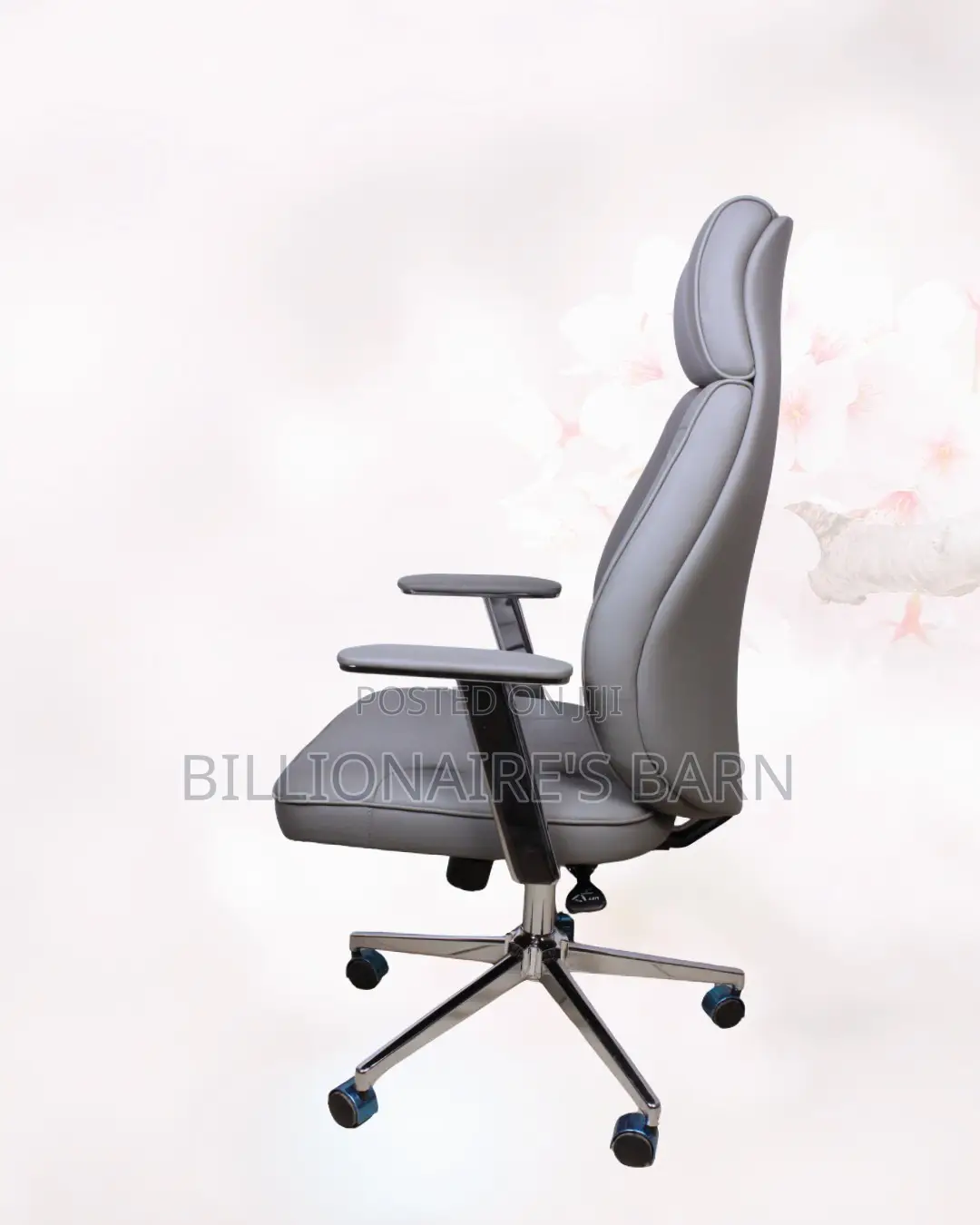 Grey Executive Leather Office Chair High-Back • Chrome Base Stability