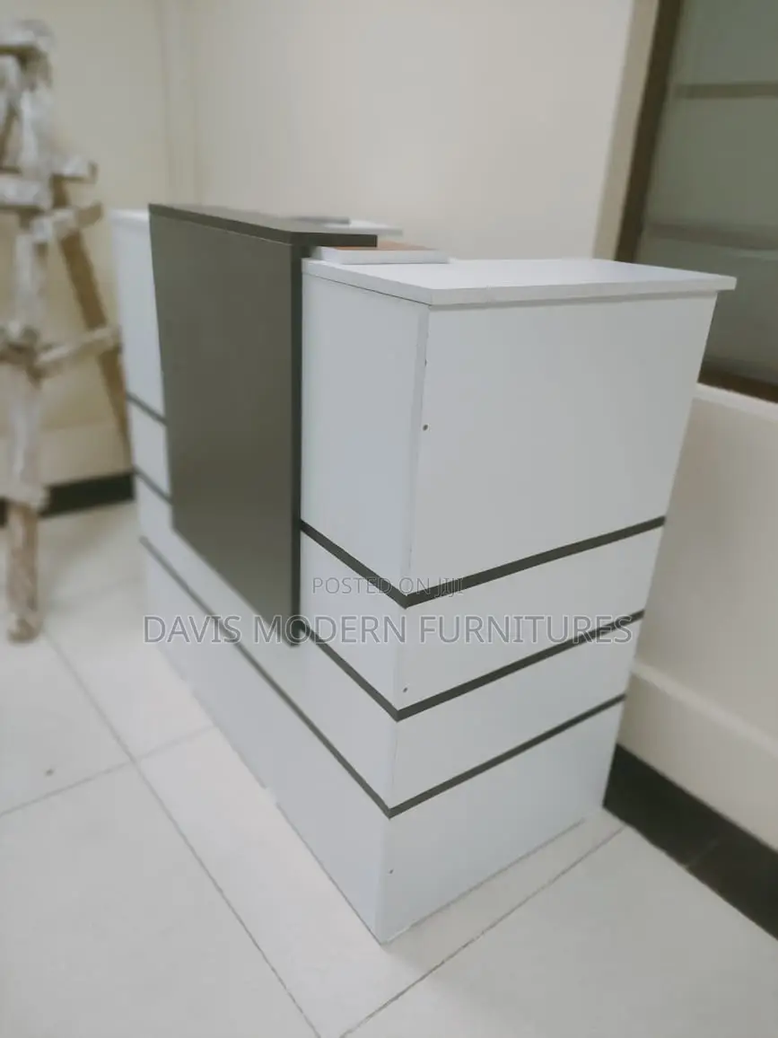 Modern White Reception Desk With Gray Accent Panel – Office Front Desk