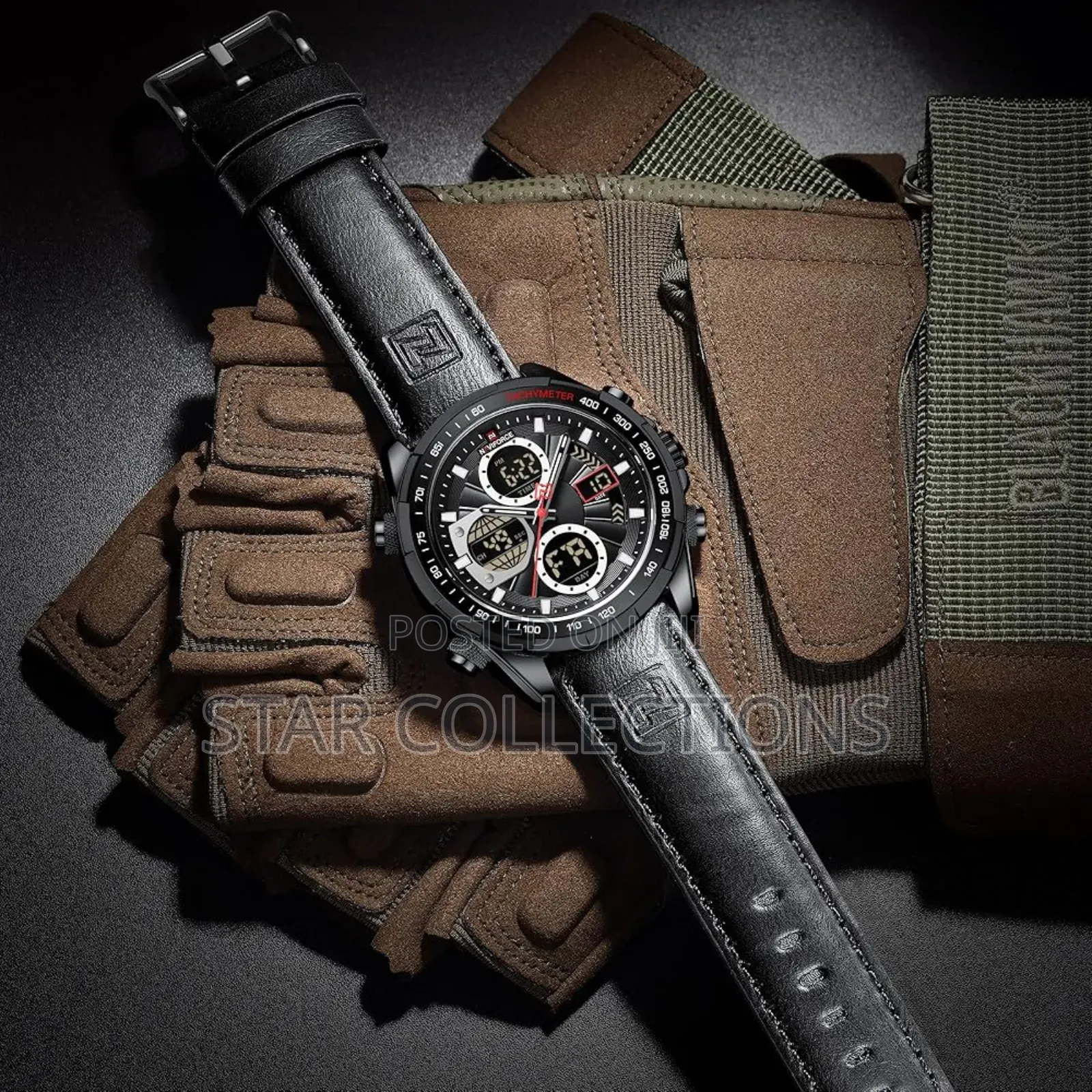 Black Pure Leather Naviforce Watch for Men