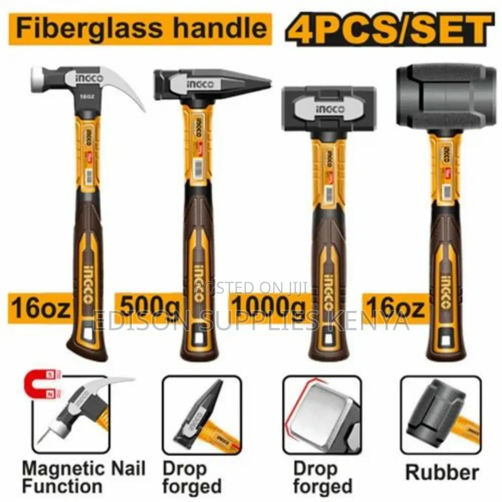 Ingco 4pcs Hammer Set, Claw Hammer, Rubber Hummer, Stoning Hammers