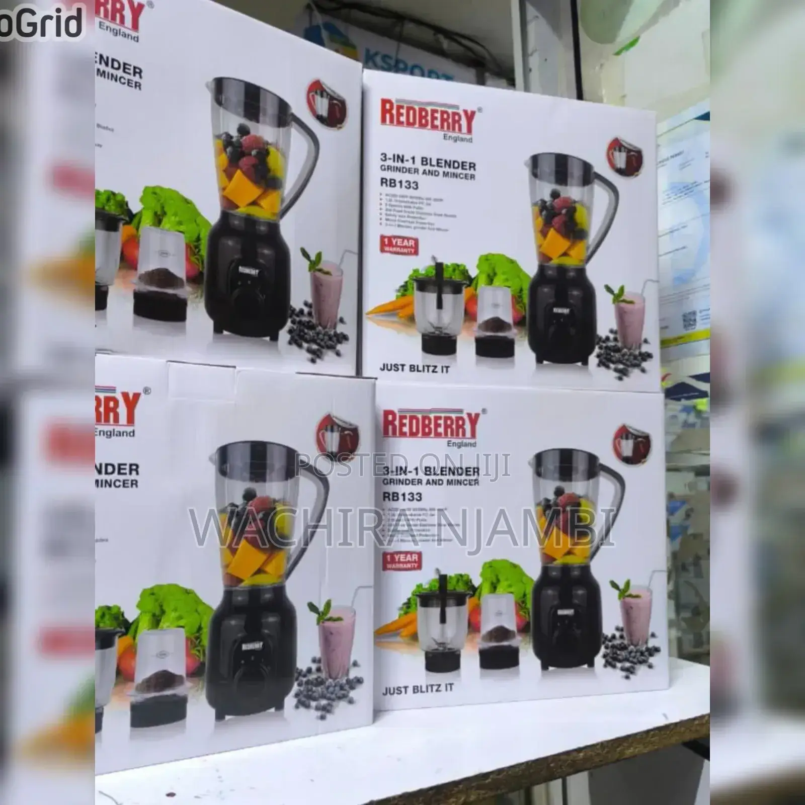 A Redberry 3-in-1 Blender, Grinder, and Mincer (Model Rb133).