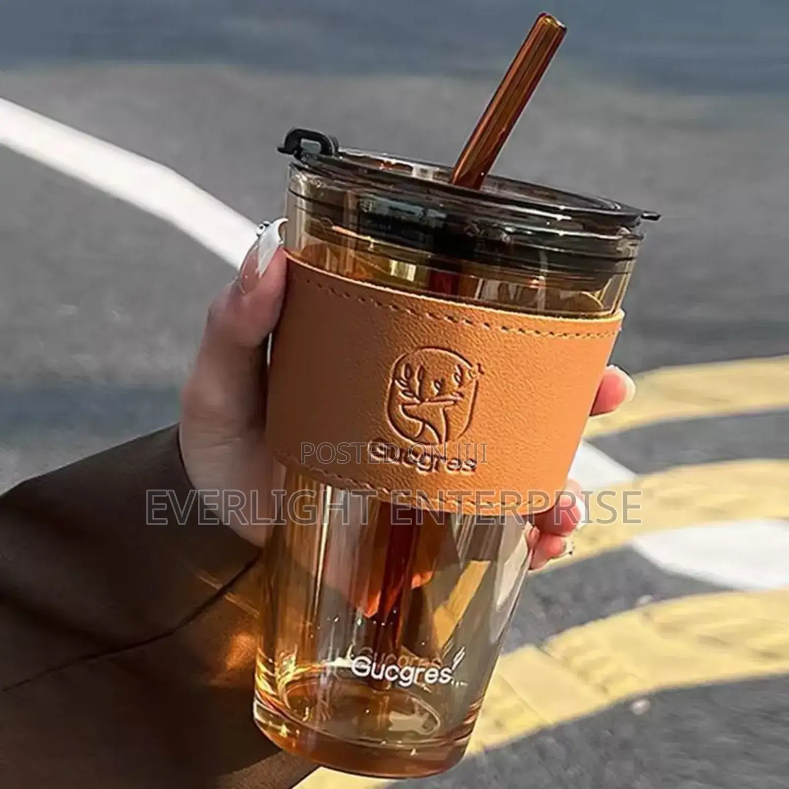 Glass Cups With Cover,Straw, Leather Sleeve