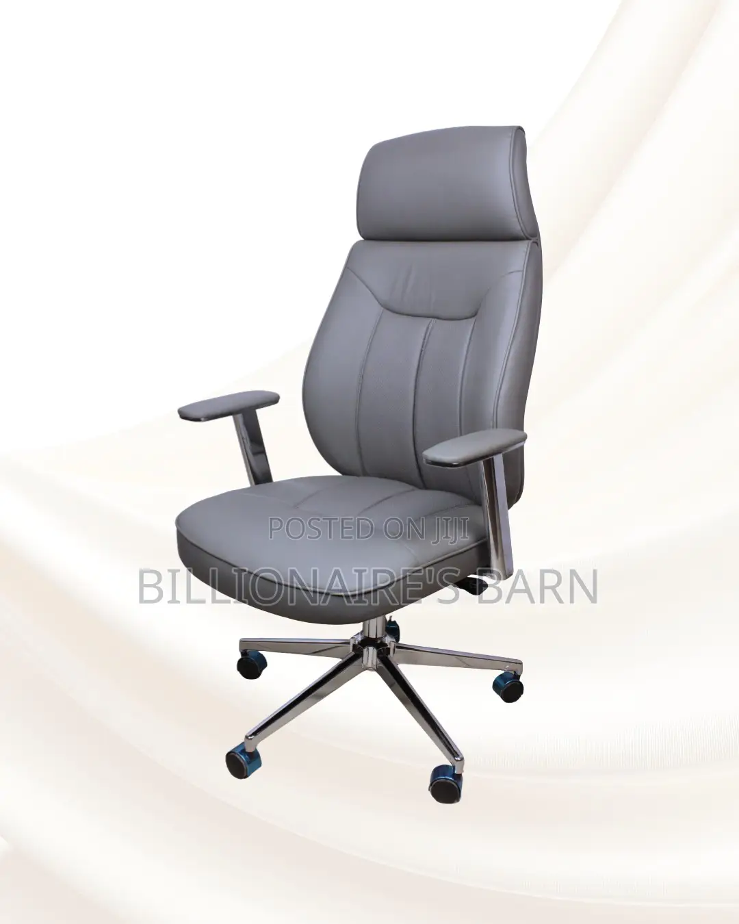 Grey High-Back Executive Leather Chair • Clean Look, Chrome Base