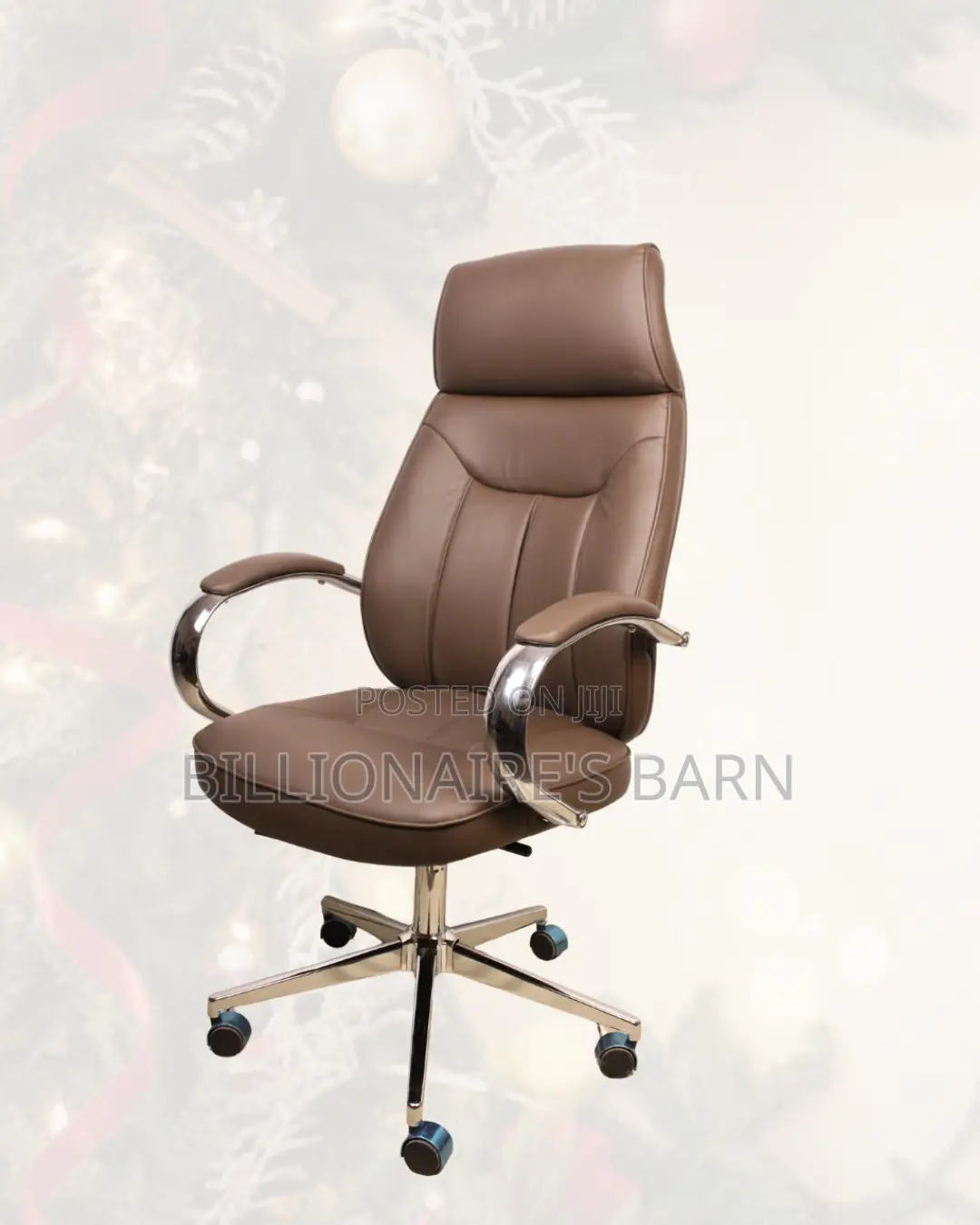 Brown Executive Leather Chair • Posture Support, Strong Chrome Base