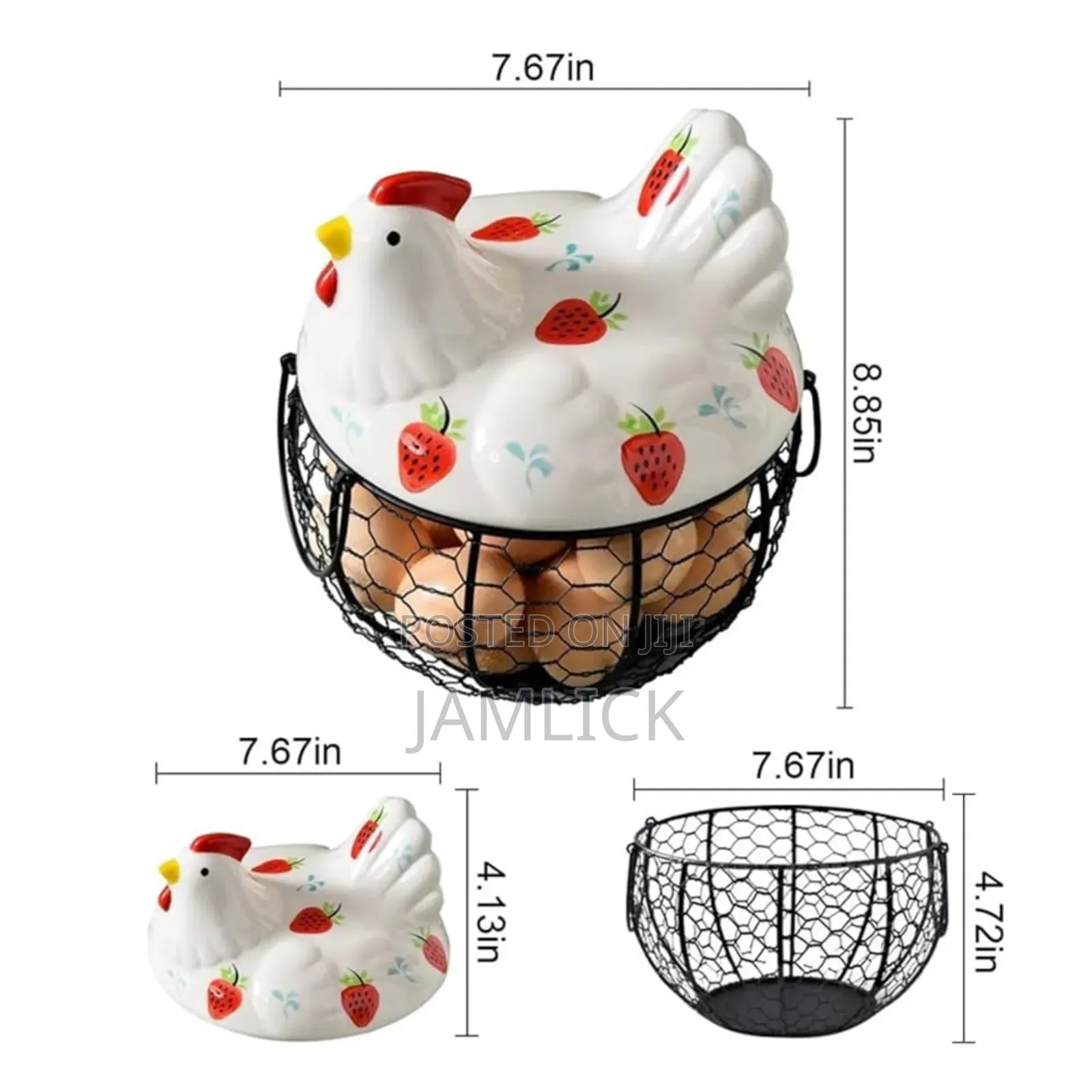 Metal Wire Egg Basket (18–25 Eggs) With Ceramic Chicken Cover - Pm