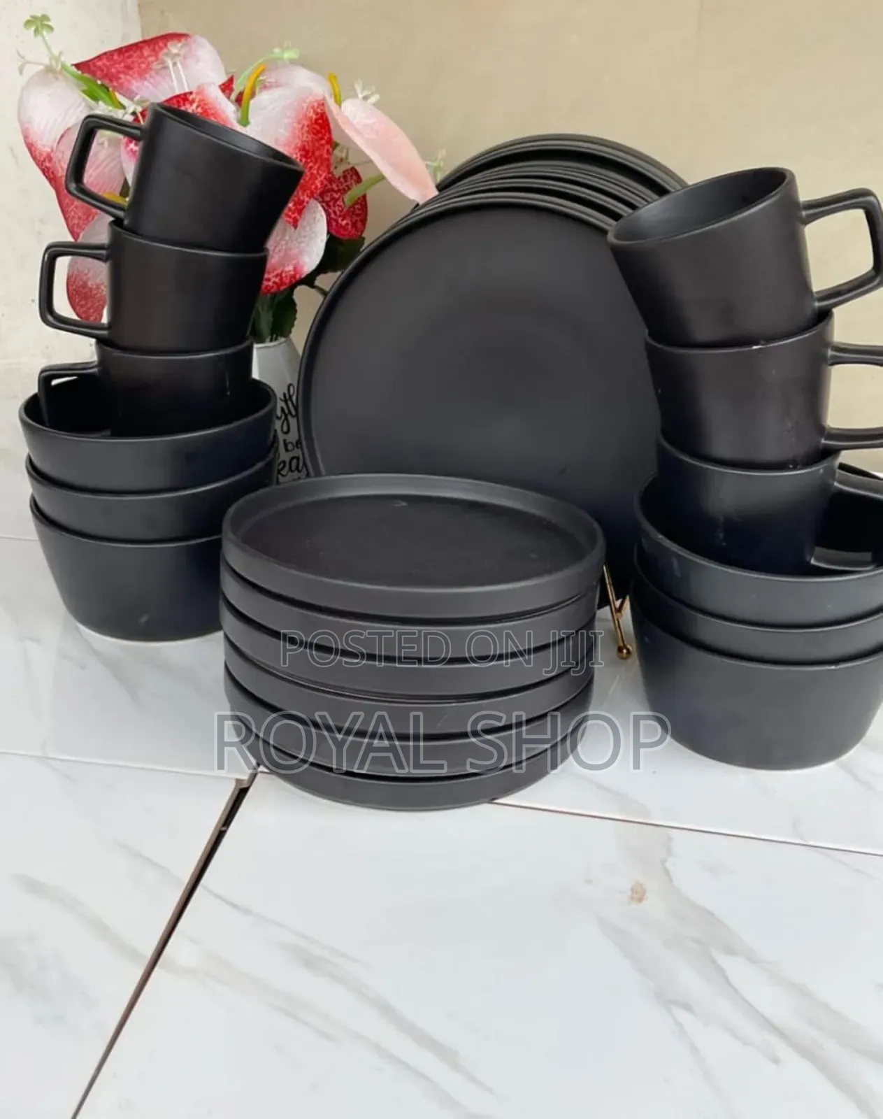 24pc Black Plain Ceramic Dinner Set