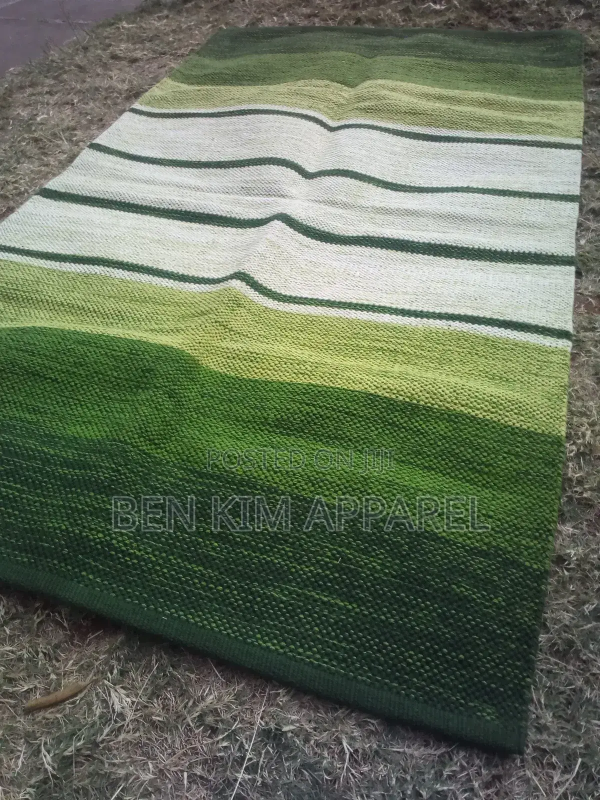 Olive Green With White and Dark Stripes Pure Cotton Rug 90cms by 150cm