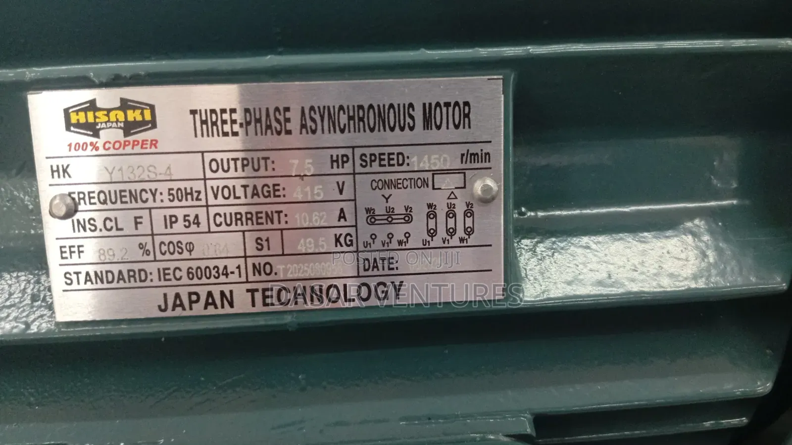Electric Motor 7.5hp Hisaki Japan Low Speed Three Phase