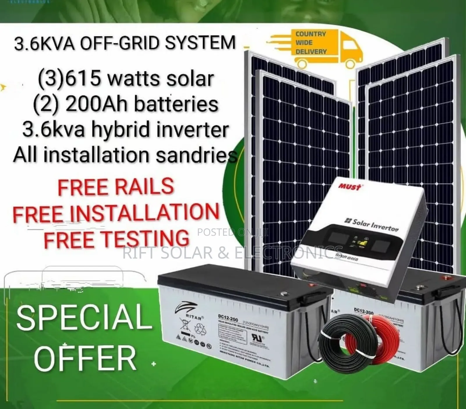 3.6kw Off Grid Package - (2)200ah Gel Batteries - (4)590w Solar Kit