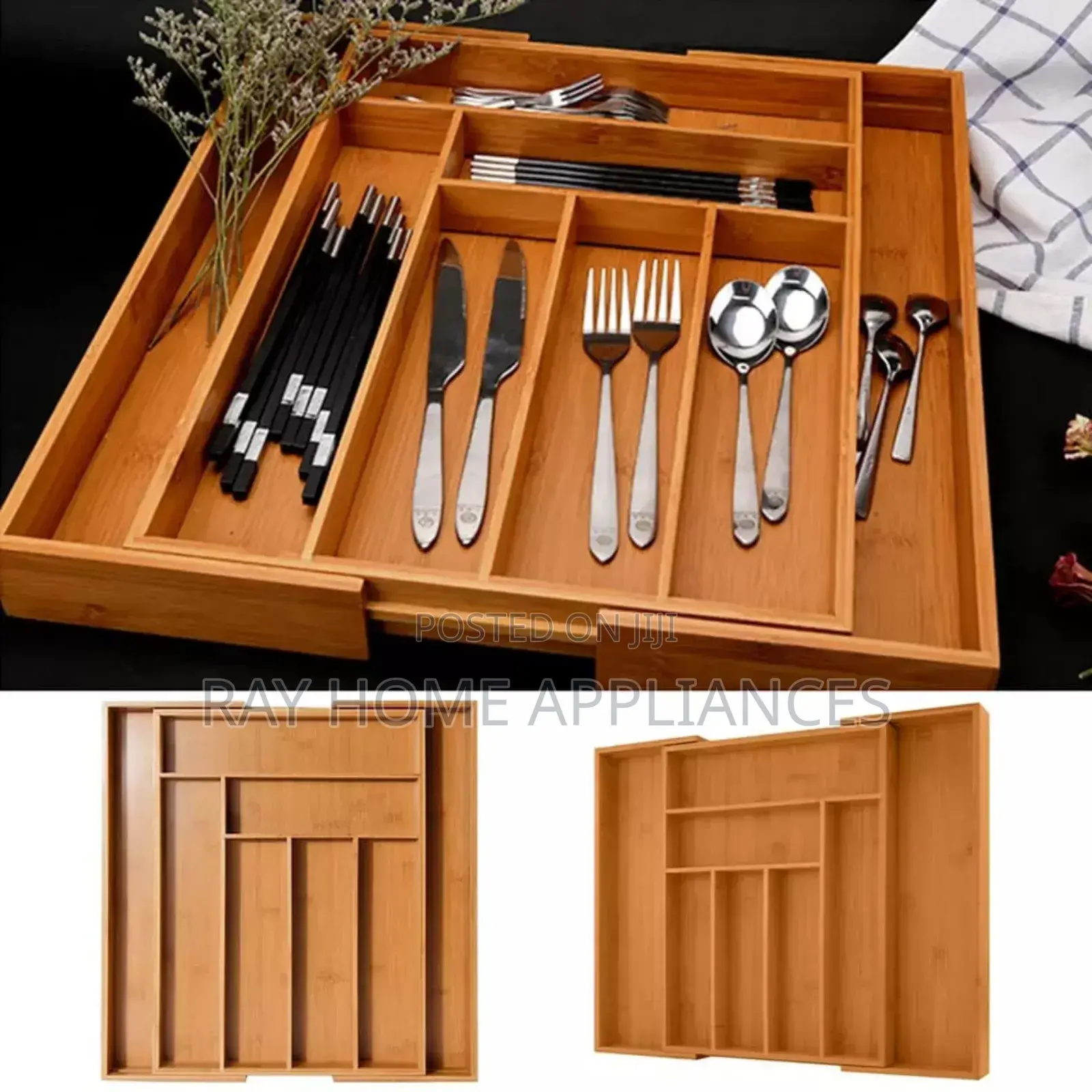 Multifunctional Big Bamboo Expandable Wooden Cutlery Drawer Organizer
