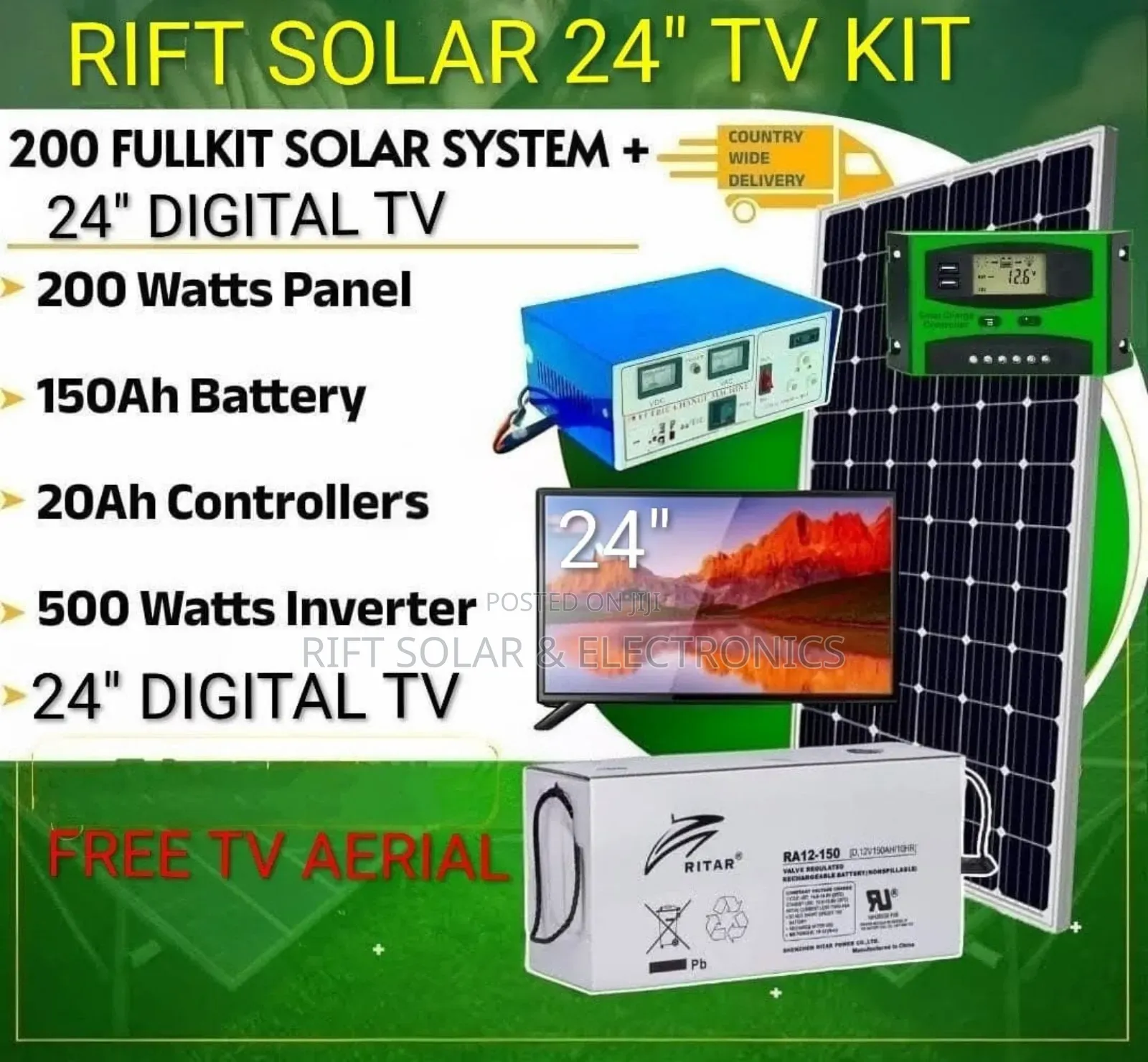 24" Digital Tv Solar Package - 200w Solar - 150ah Battery - Tv Aerial