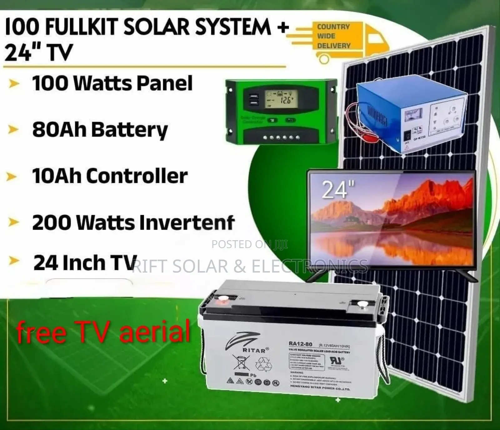 100 Watts Full Package - 24" Digital Tv - 80ah Gel Battery - Tv Aerial