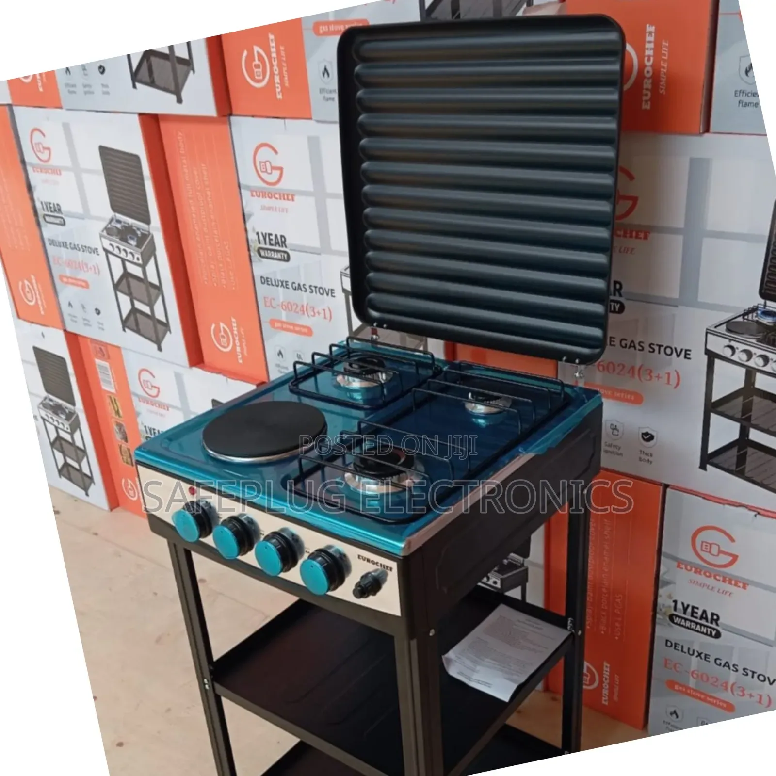 Eurochef Hybrid Cooker: 3 Gas Hobs + 1 Electric Hob + Storage Shelves