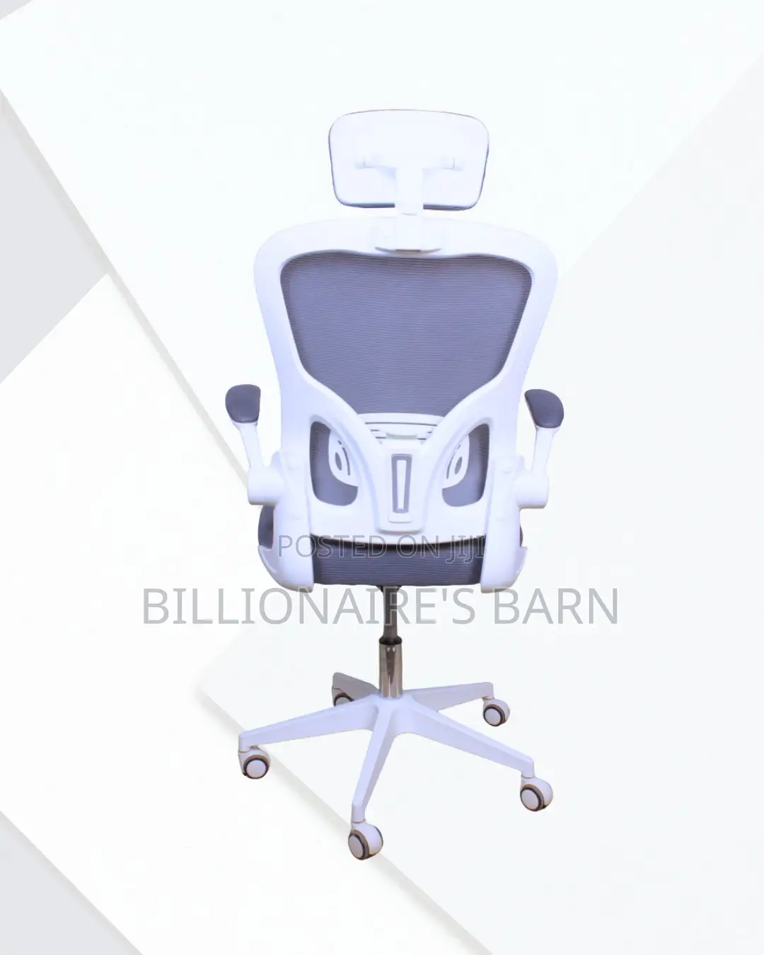 White Office Chair With Flip-Up Arms — Stable Base, Neck Support.