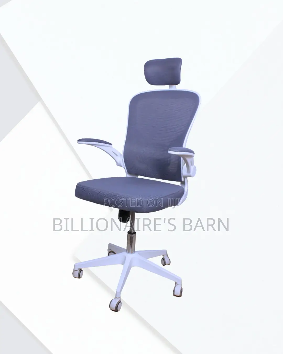 White Office Chair With Flip-Up Arms — Stable Base, Neck Support.