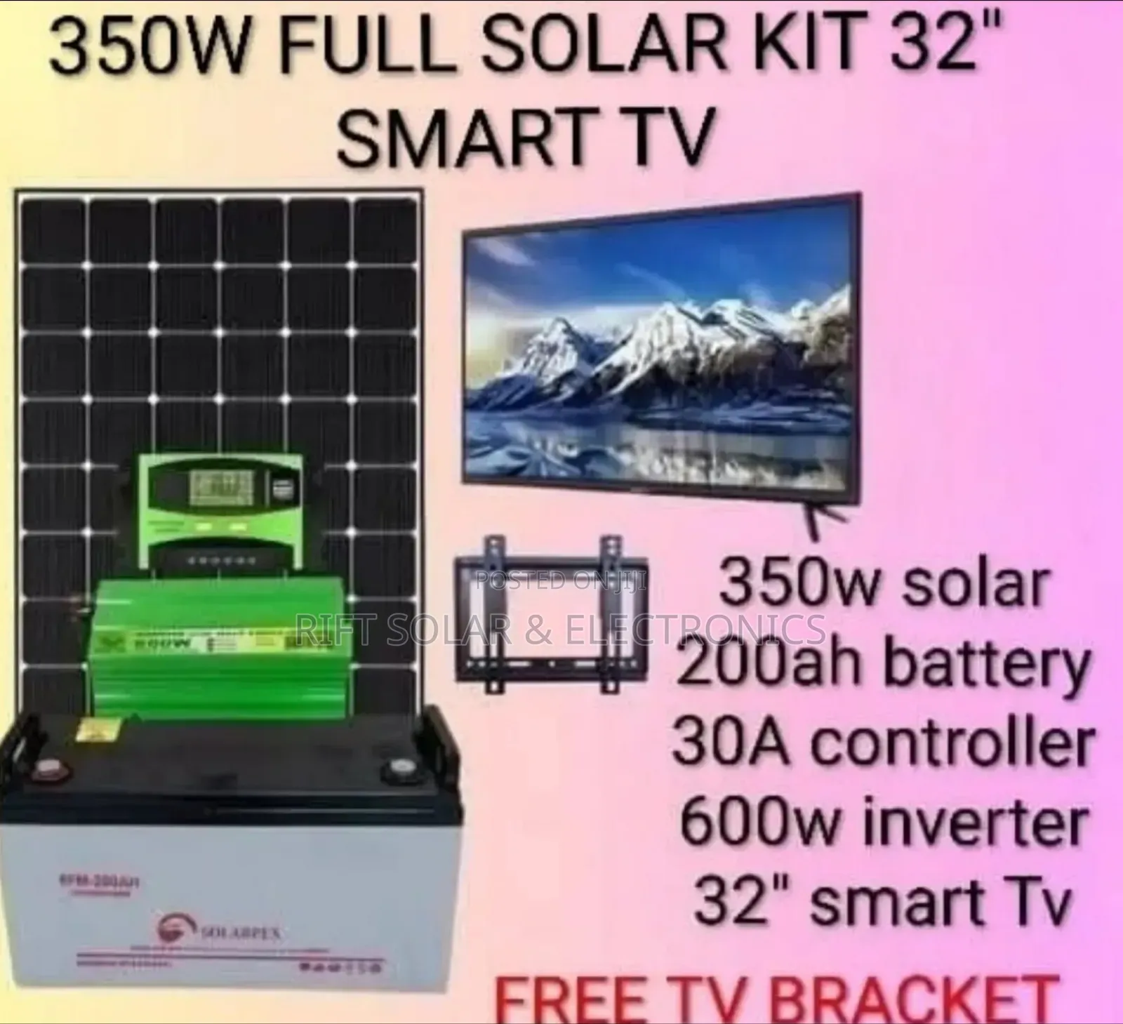 350 Watts Home Solar Kit - 32" Smart Tv - 200ah Battery - Free Aerial