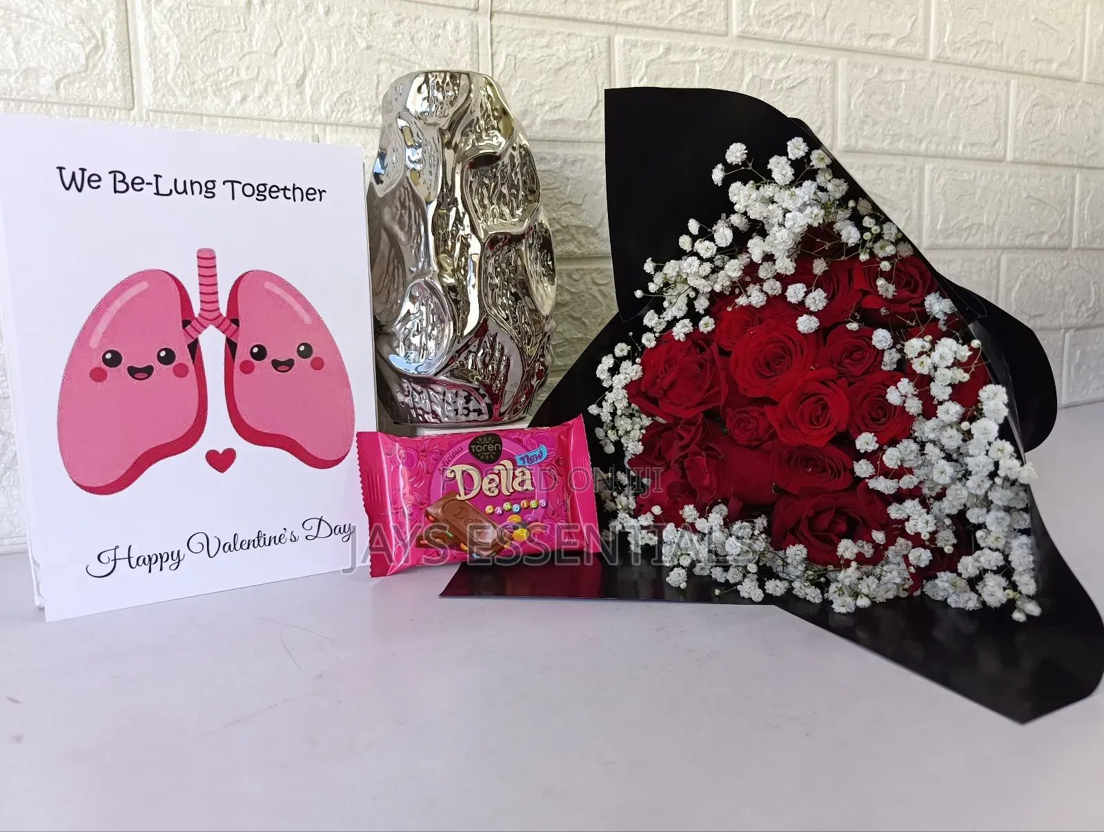 Silver Flower Vase , Flower Bouquet , Chocolate Card Valentine Gift
