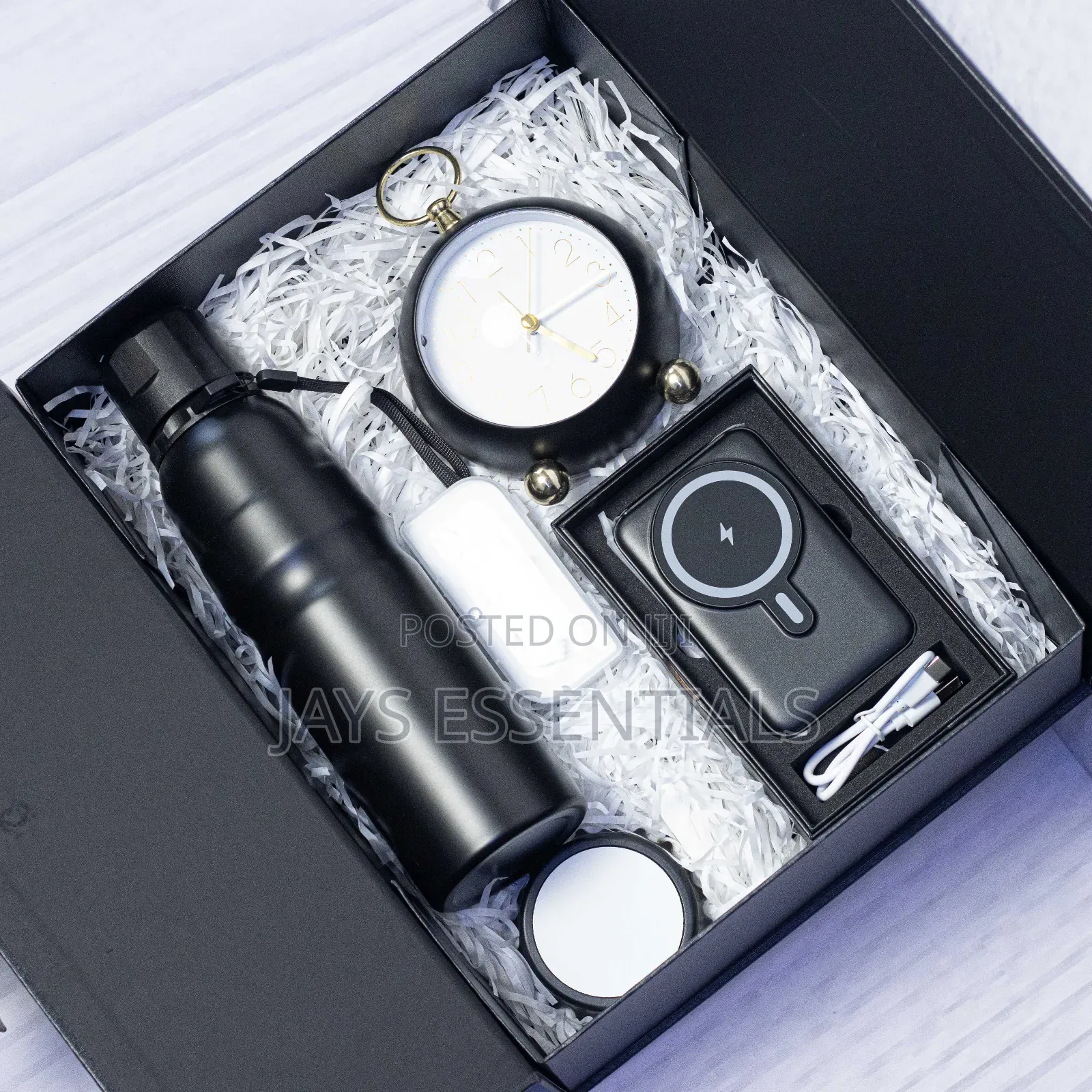 5pc Black Valentine Gift Set – Power Bank, Thermo Bottle Alarm Clock