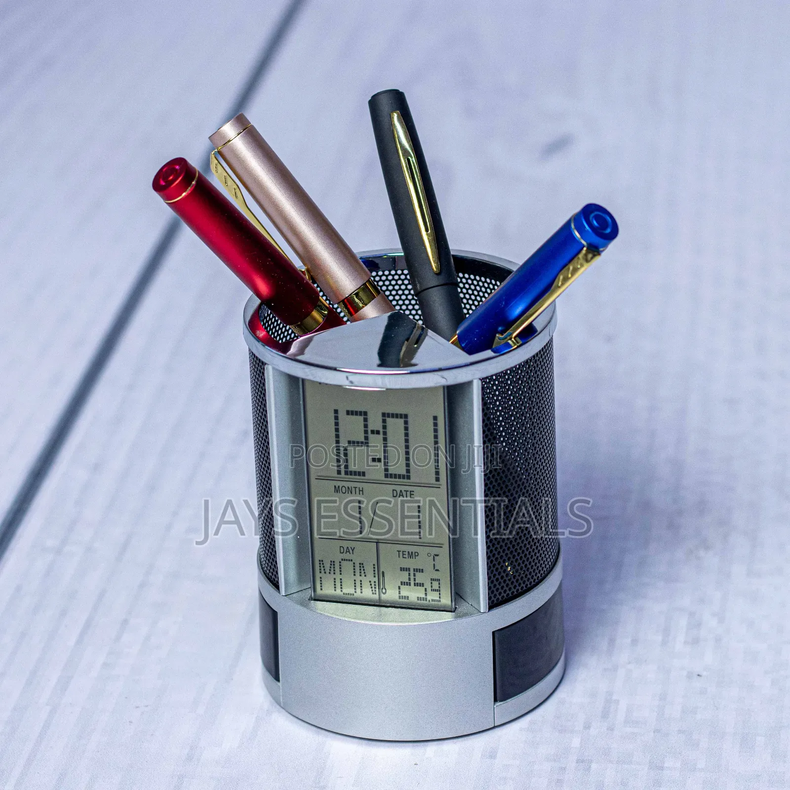 Digital Mesh Desk Organizer With Clock Display Pen Holder