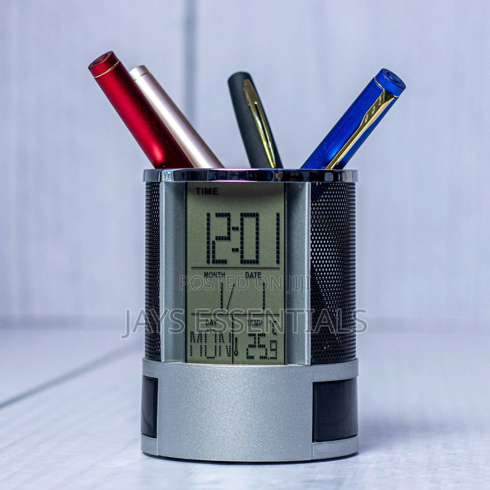 Digital Mesh Desk Organizer With Clock Display Pen Holder