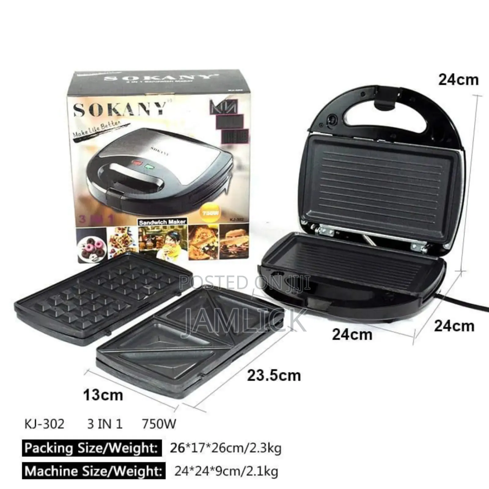 Sokany 3-in-1 Sandwich Maker – Waffles, Grill Sandwiches - Dv