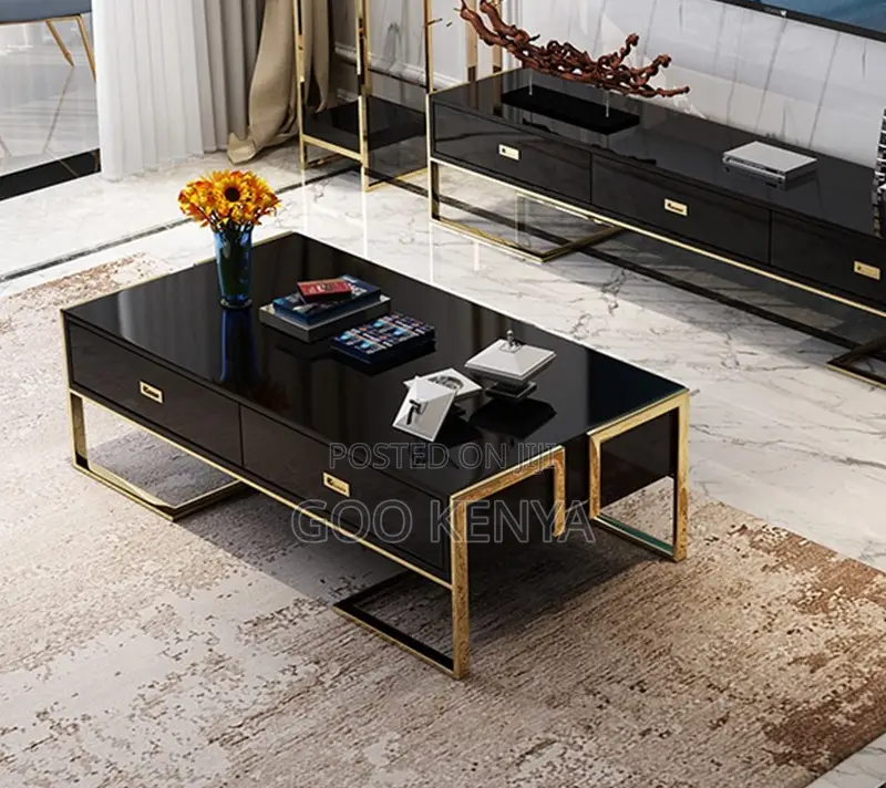 Home Table; Gold Frame Coffee Table & Sideboard With Elegant Glass Top