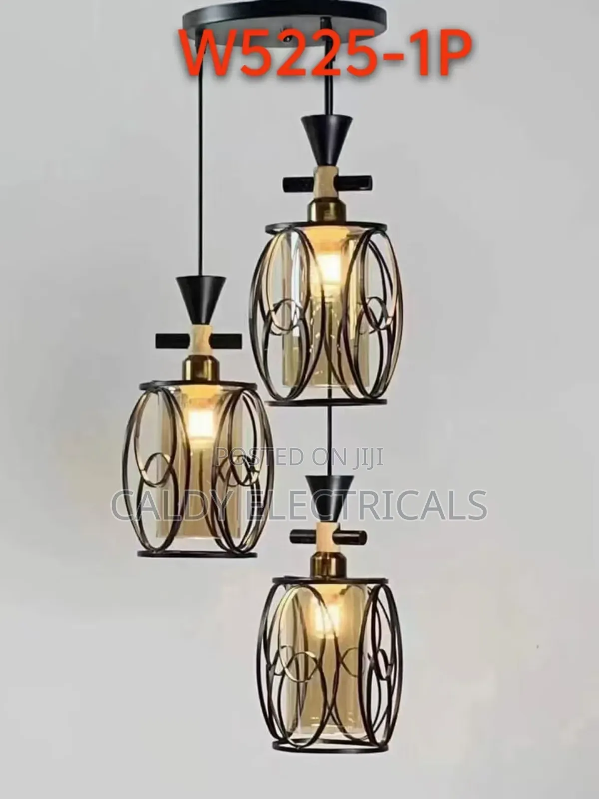 Black Metal and Glass Three-Light Pendant Fixture