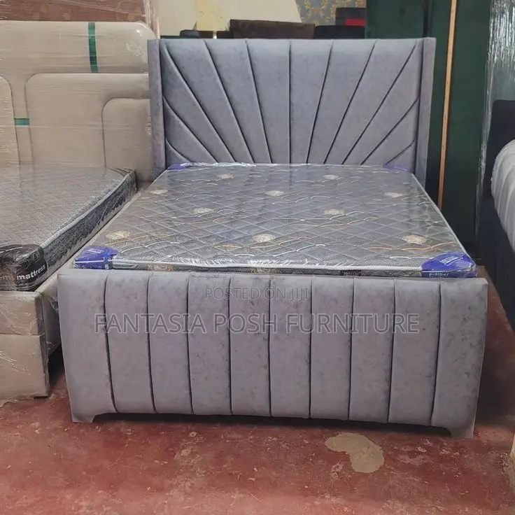 5x6 Modern Grey Velvet Bed Frame + Mattress - Free Delivery