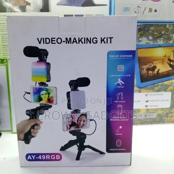 Ay-49 RGB Vlogging Kit With Stand, Led Light Mini Condenser Mic