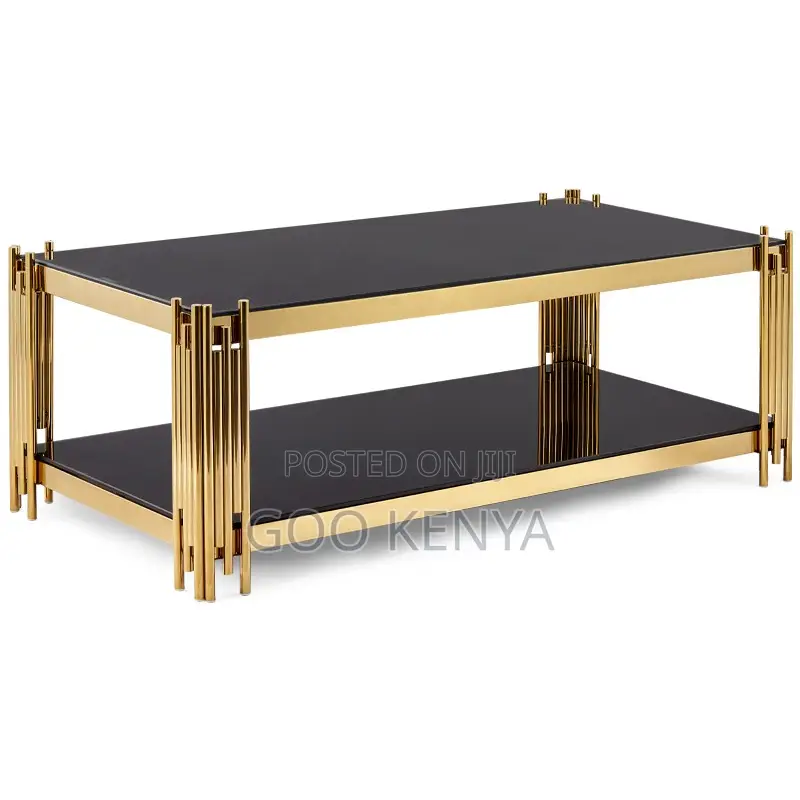 Home Table; Rectangular Tempered Glass Coffee Table With Gold Legs