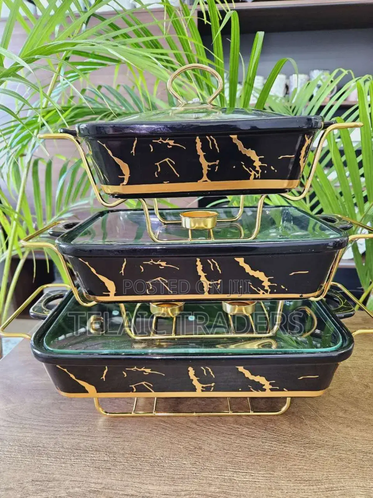 3pcs Black Gold Ceramic Chaffing Dish