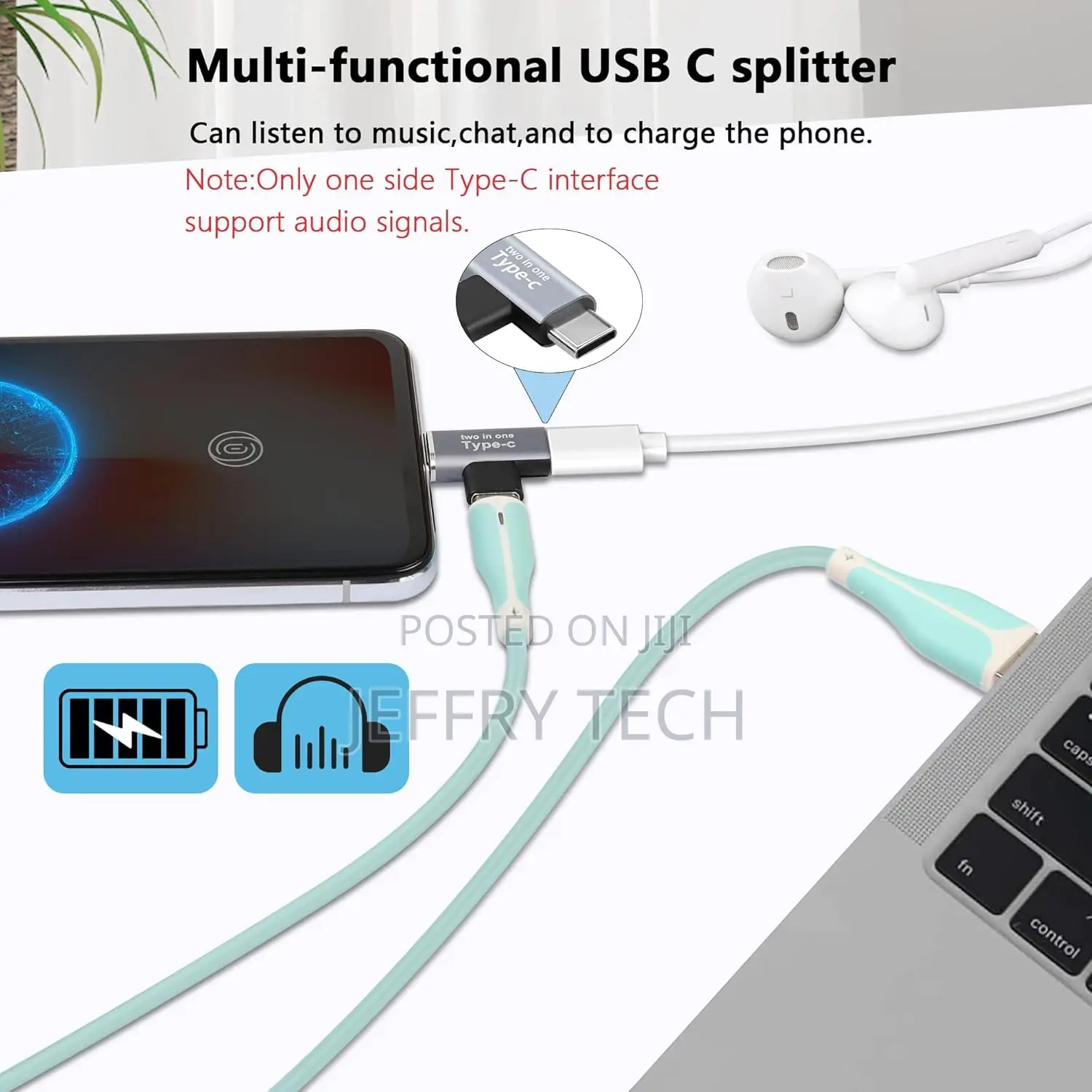 2 in 1 Usb C Adapter,Usb Type-C Female to Dual Male Splitter Support 5