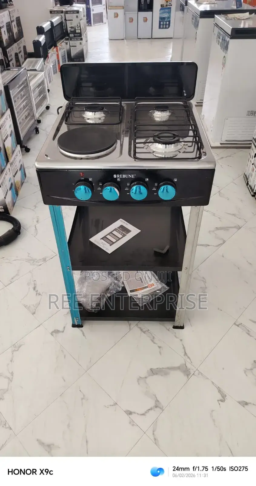 🔥*Rebune* 3gas +1 Electric Burner Standing Gas Stove With Shelves