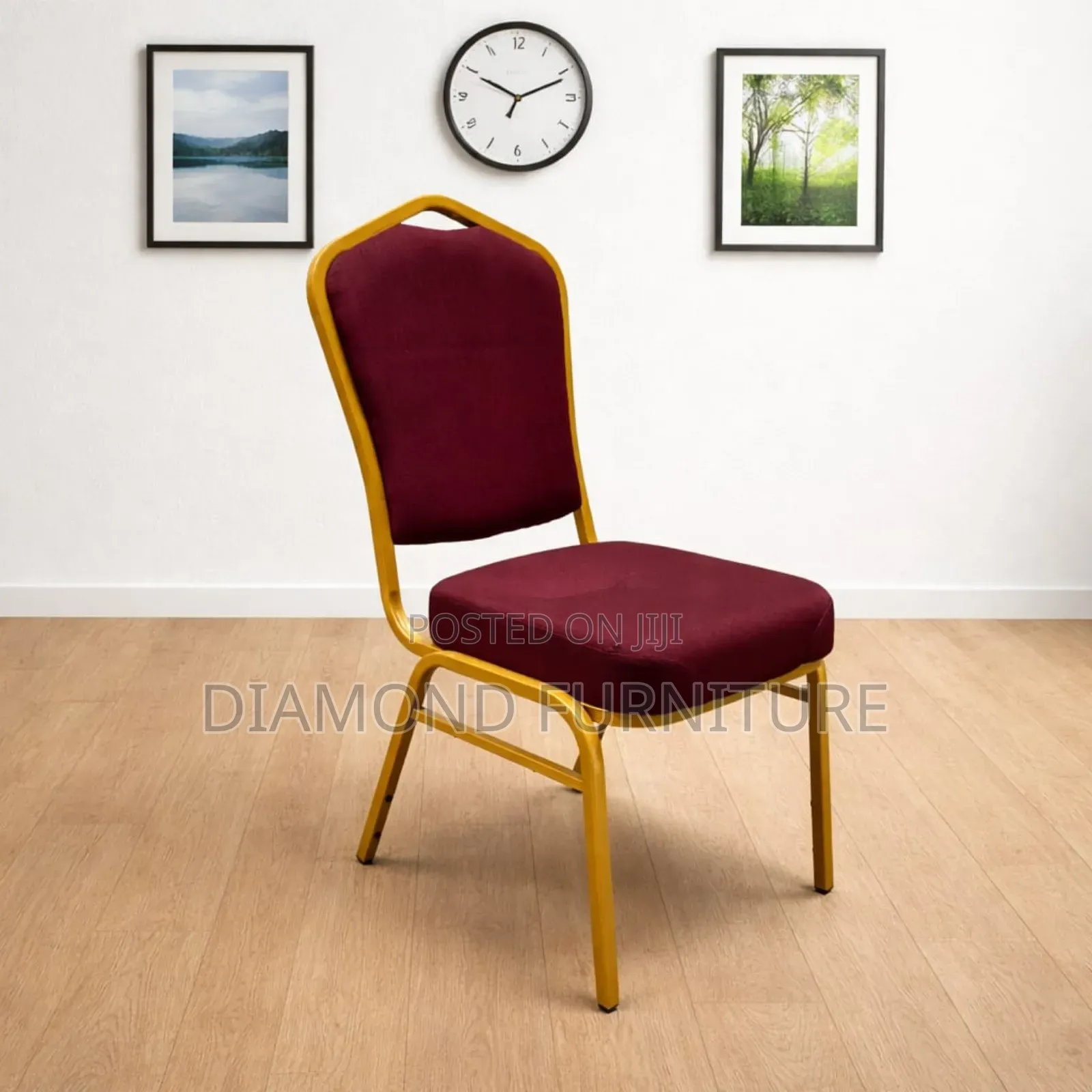 Stackable Banquet Conference Chair Red Fabric With Gold Frame.
