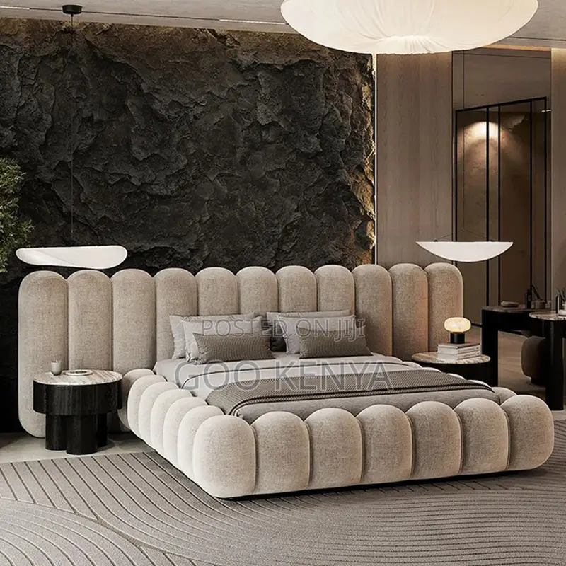 Home Bed; Queen Size Fabric Bed Frame With Cushioned Headboard