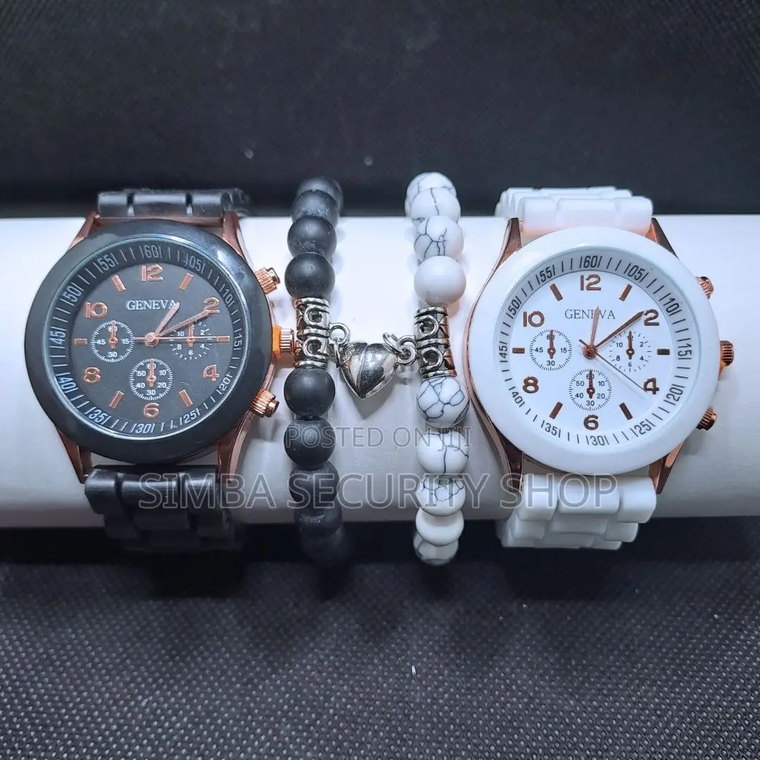 4 Piece Couples Geneva Two Watches Magnetic Heart Bracelet Gift Set