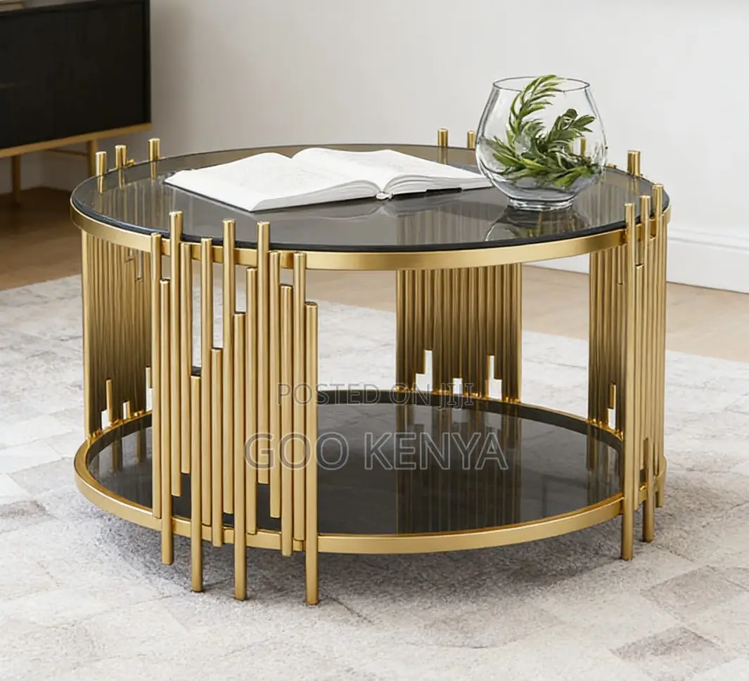 Home Table; Round Glass Table With Gold Frame For Coffee And Lounge